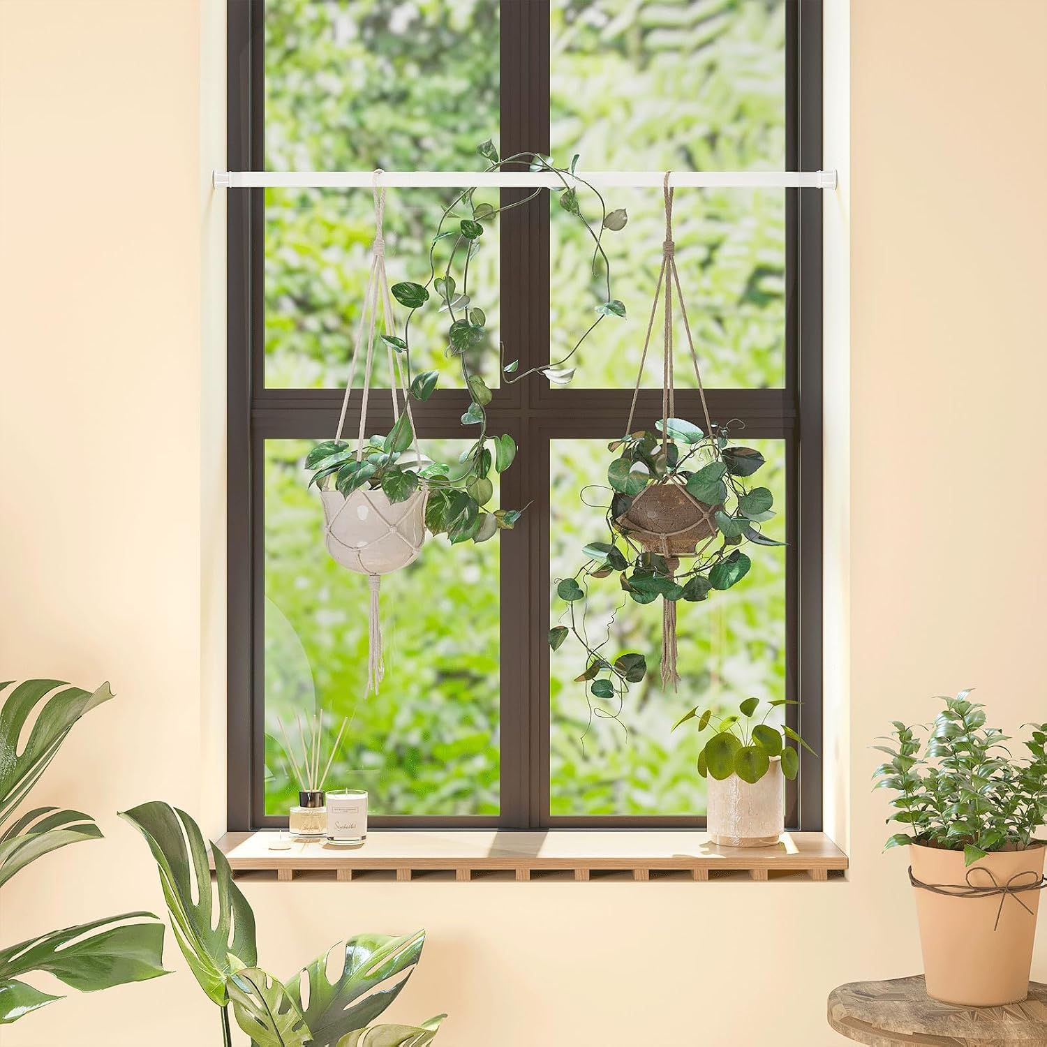 Bamworld Window Plant Hanger Indoor Adjustable Hanging Planters for Indoor Plants Spring Tension Rods 27''-51'' No Drilling Expandable Hanging Plant Holder for Hanging Basket for Balcony Decor(Black)