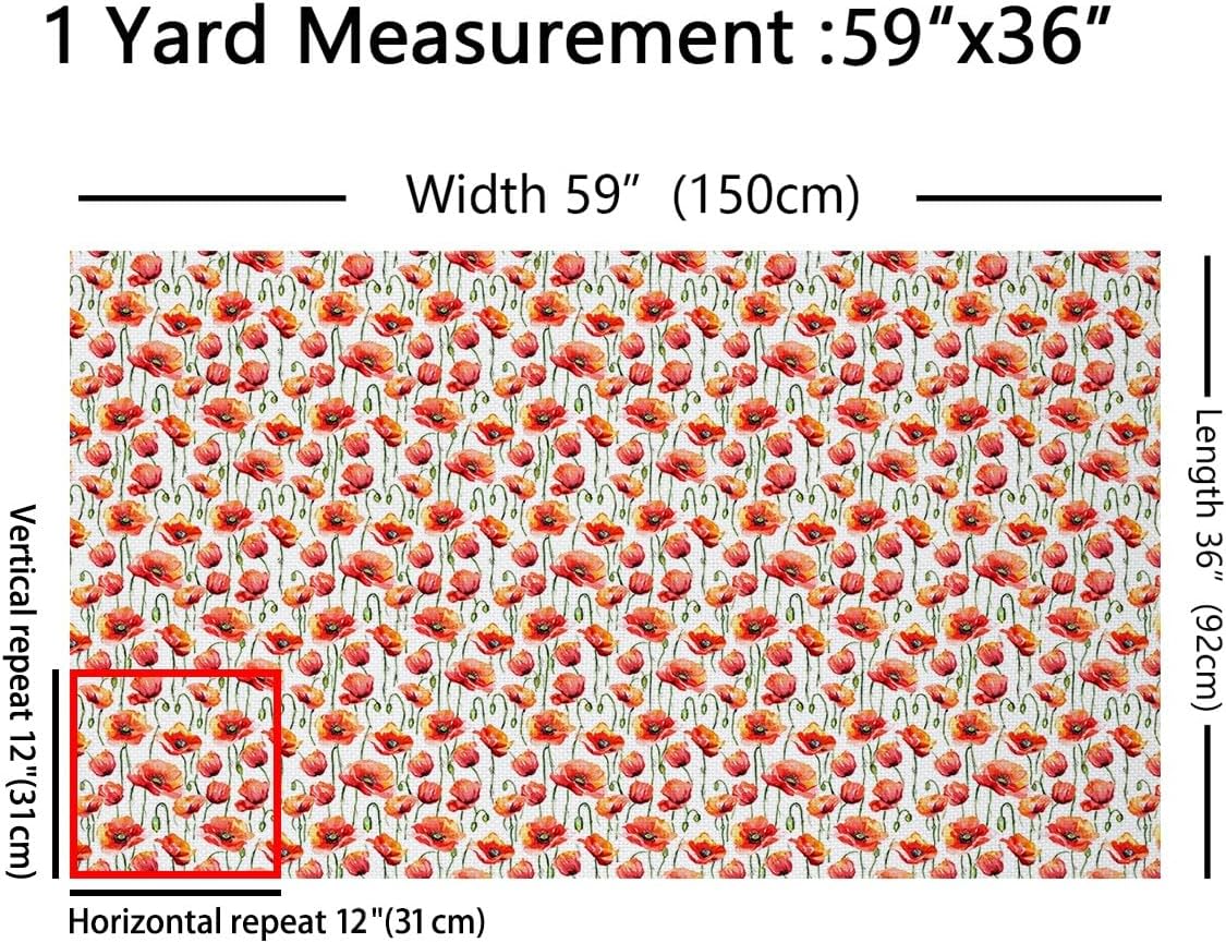 Poppy Flowers Upholstery Fabric by The Yard, Red Floral Fabric for Chairs, Watercolor Rustic Botanical Garden Theme Decorative Fabric for Indoor Outdoor and Home DIY Projects, Orange, 10 Yards