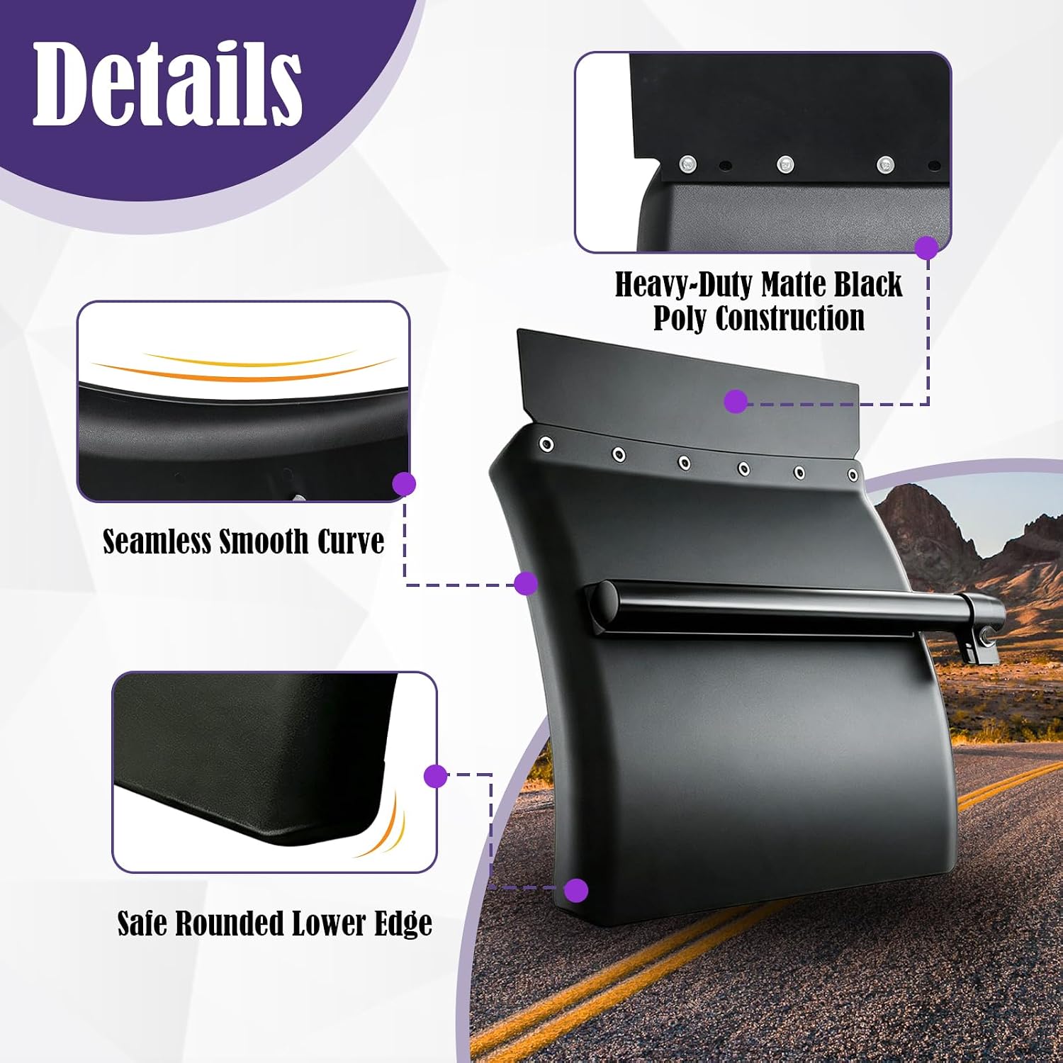 24inch x 24inch Black Poly Heavy Duty Quarter Fender for Semi Truck with Mounting Hardware Set of 2 (with Mounting Bracket)