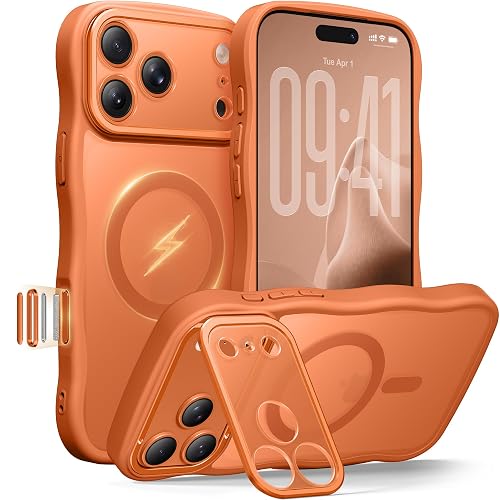 GolbinBox for iPhone 17 Pro Max Case with Stash Stand, Compatible with MagSafe, Military Drop Protection, Magnetic Scratch-Resistant Back Cover, Cute Wave Translucent Matte Phone Cover, 6.9", Orange - for iPhone 17 Pro Max 6.9 Inch - Cosmic Orange