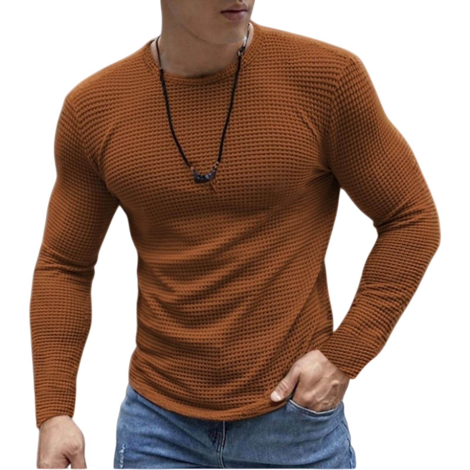 Camicie da uomo a maniche lunghe a nido d'ape, biancheria intima termica, girocollo, maglioni, pullover casual, top in maglia testurizzata strato di base
