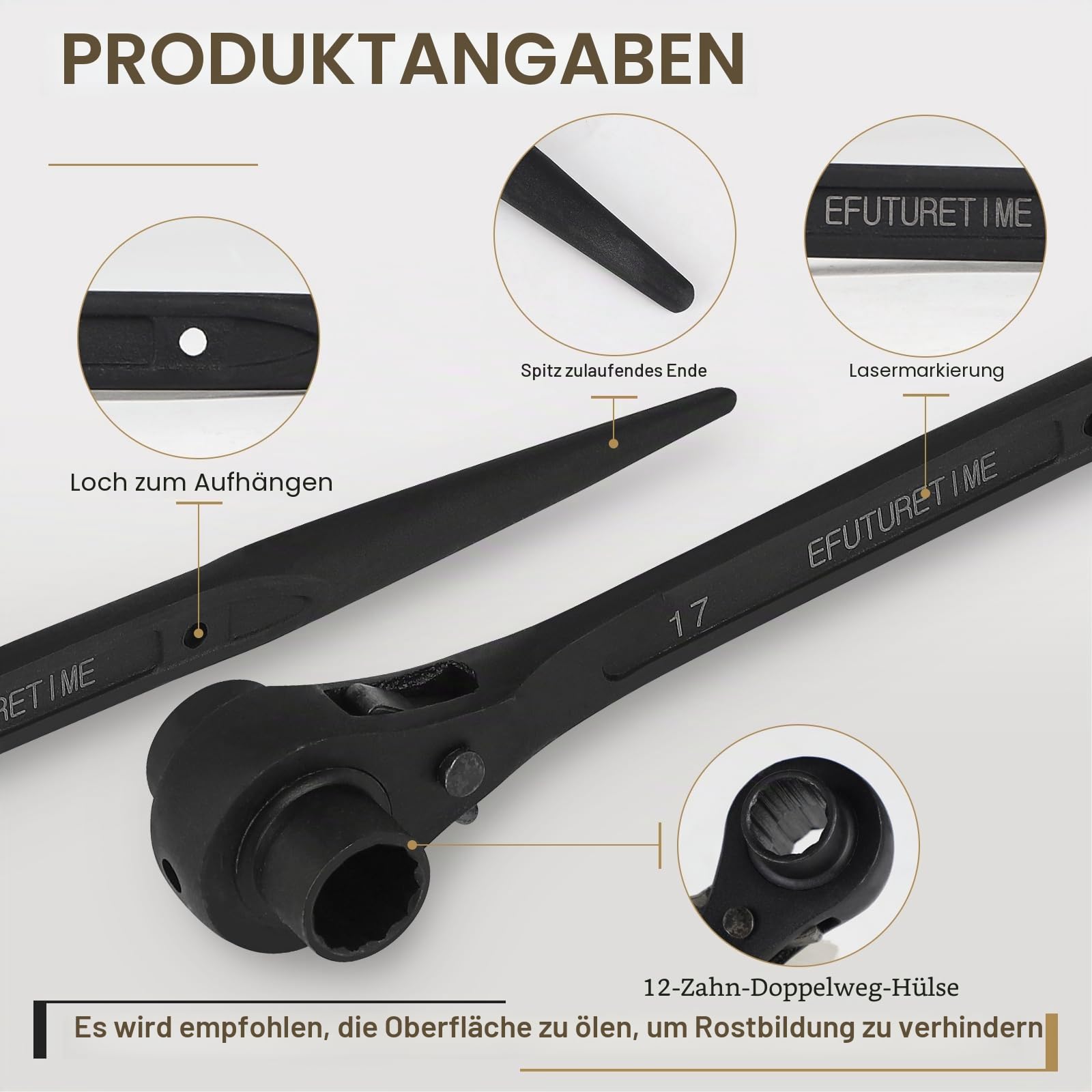 efuturetime 2x Gerüstschlüssel, Gerüstbauratsche Umschaltbar Set, 17/19mm Ratsche Gerader Griff +19/22 mm Ratschen-Biegegriff, Gerüstbauknarre aus CR-V, Schwarz