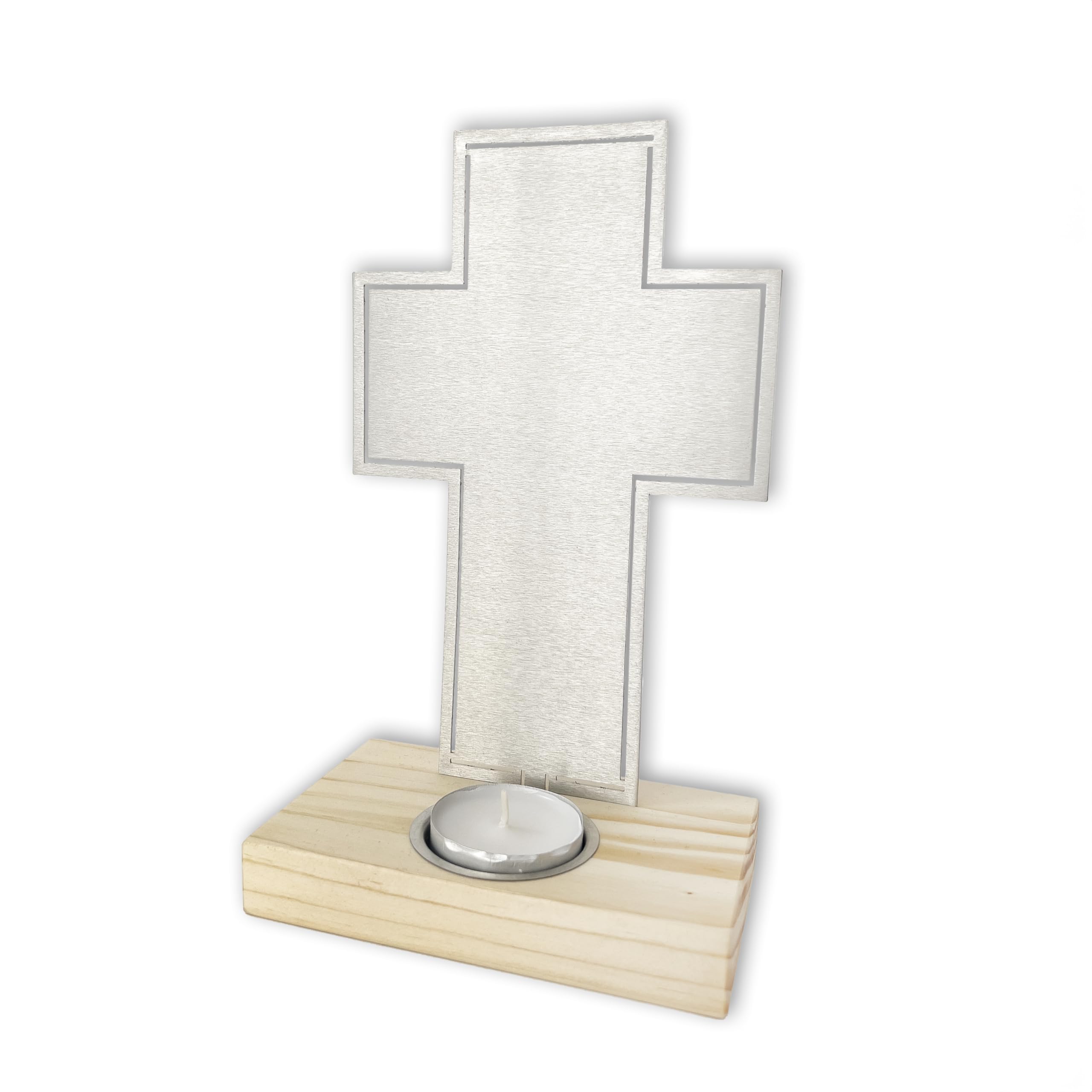 Fritz Cox Stehkreuz mit Teelichthalter - moderne Symbolik und Spiritualität | Edelstahlkreuz und stabiler Holzsockel | z.B. für einen Tisch-/Trauer-Altar zuhause oder Gedenkstätte | 20cm