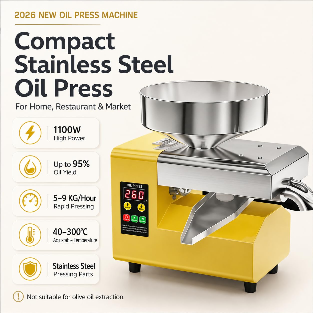 Ölpresse für Kalt- und Heißpressung von Erdnüssen und Samen | bis zu 95% Ausbeute, 5–9 kg/h, 1100W Leistung, digitale Temperaturwahl, getrennte Ausgänge für Öl und Pressreste