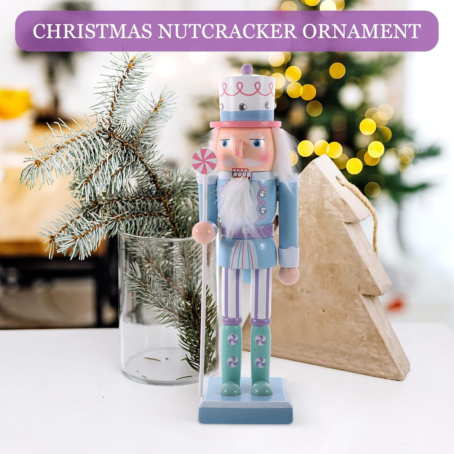 Christmas Wooden Nutcracker Soldier Figures Decorative Wood Nutcracker Uniform Hold Scepter Decoration for Table Desktop Fireplace Decoration