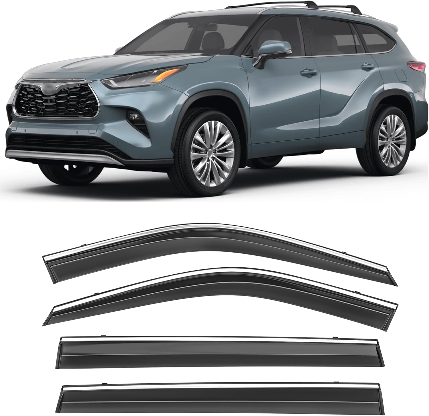 Shatterproof Taped-On Window Deflectors for Toyota Highlander 2020-2025 with Chrome Trim, Rain Guards, Window Visors for Car, Vent Deflector, 4pcs