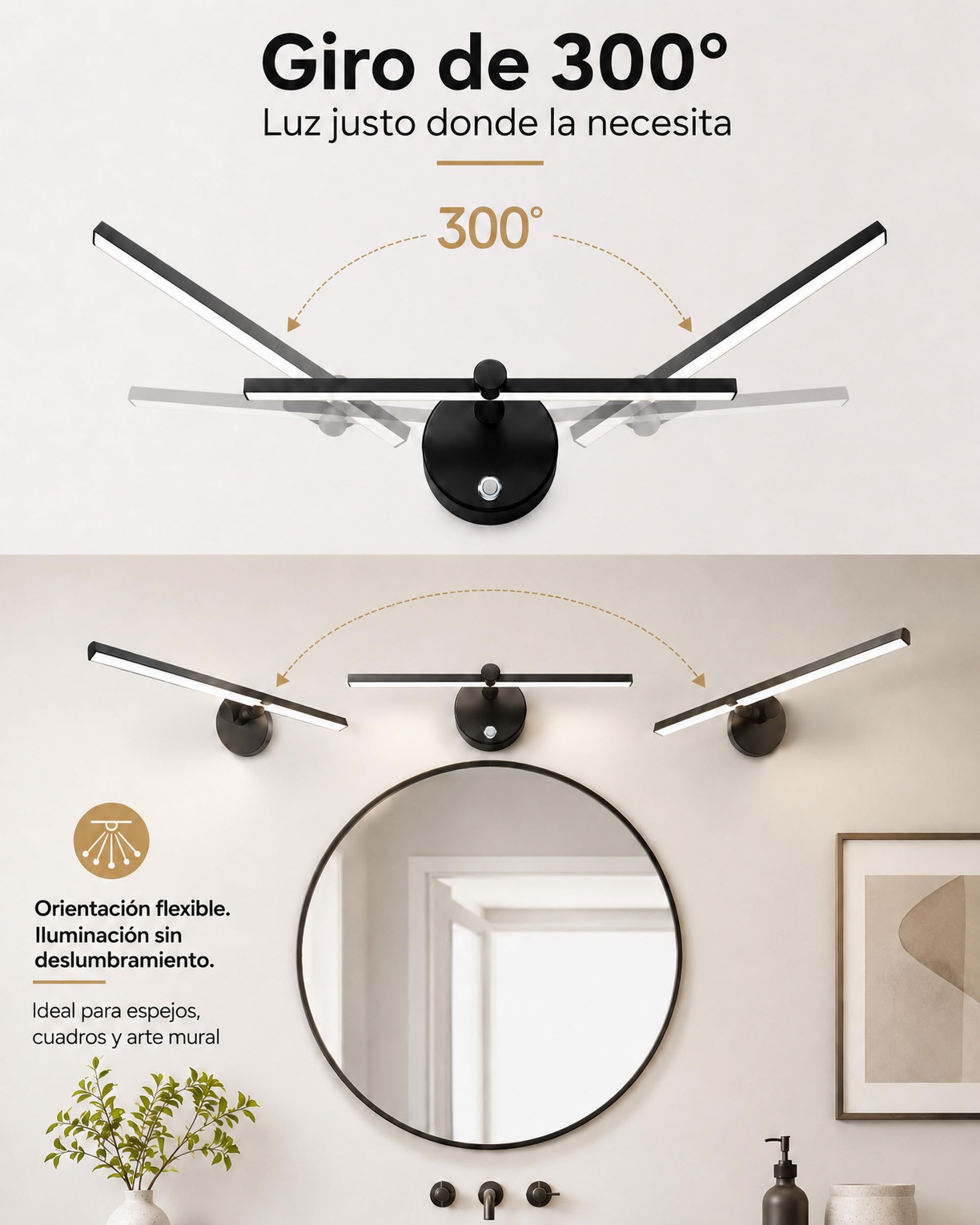 LANMOU 41cm Lámparas de Espejo de Baño LED con Interruptor, LED Regulable Aplique de Pared Interior Luces de Pared Giratorios de 300° Aplique Espejo Baño para Tocador Inodoro Armario, 4000K, Negro
