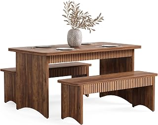 LITTLE TREE 55-Inch Farmhouse Dining Table Set with 2 Benches for 4-6, Rustic Brown Kitchen Table
