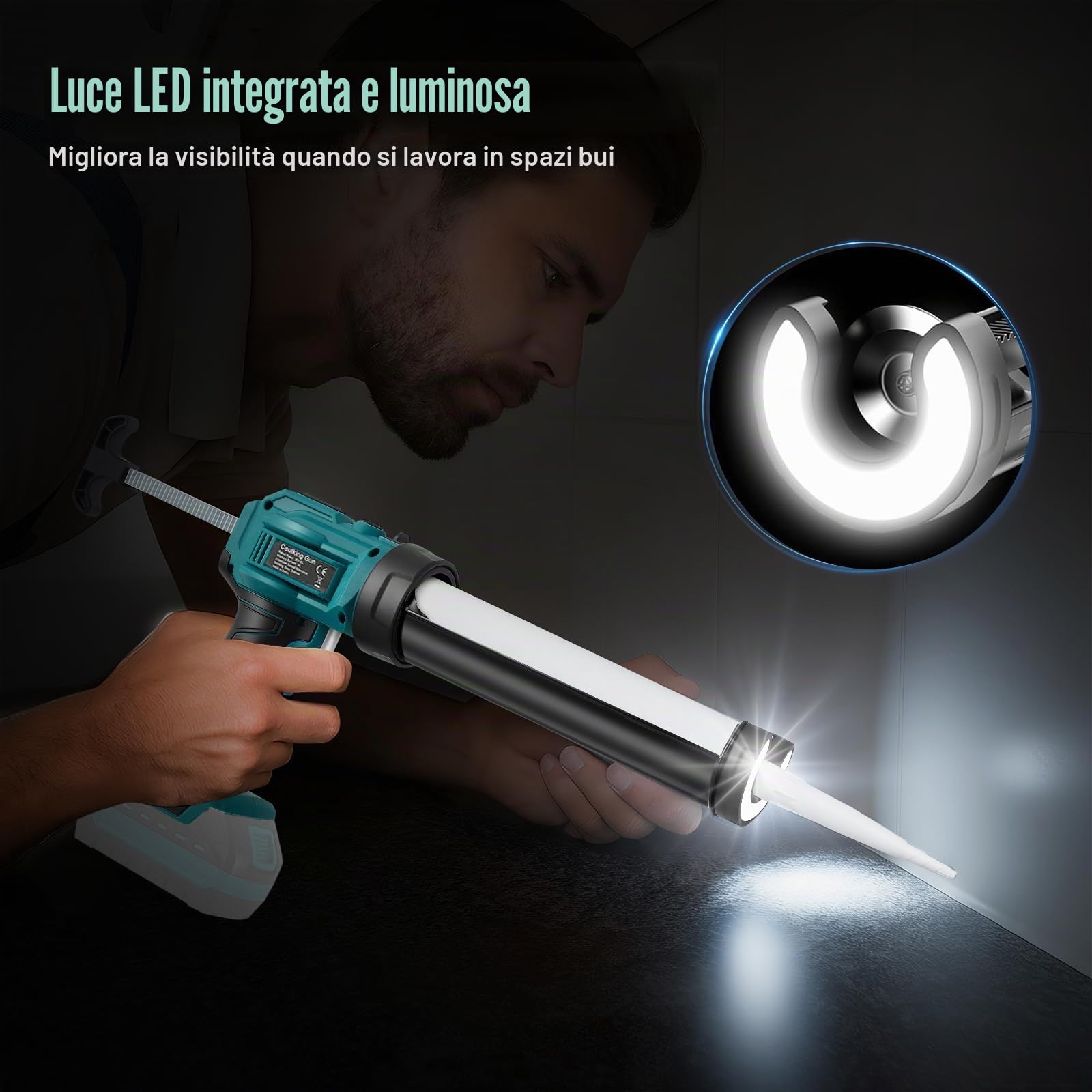 Pistola a cartuccia a batteria, compatibile con Makita da 18 V, pistola sigillante automatica con 4 livelli di velocità e luce LED, protezione antigoccia, rotazione a 360° (300 ml)