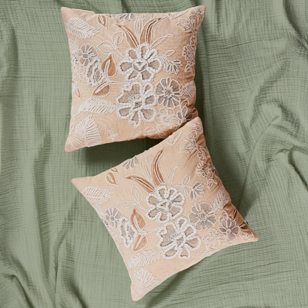 FINGERCRAFT Decorative Throw Pillow Cover Pack of 2 Soft Cotton Embroidered Cushion Cover, Couch Sofa Living Room Pillow Case 18 X 18 Inch Blossomy