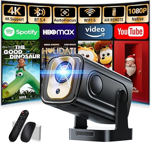 Proyector Enfoque automático y 1080P nativo y aplicaciones integradas Mini proyector portátil 1080P, 4K Full HD con WiFi 6 y Bluetooth 5.4, enfoque