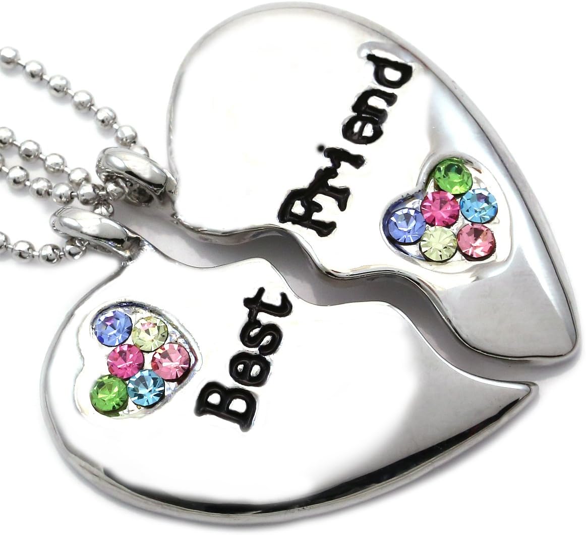 Soulbreezecollection Best Friends Forever BFF Multicolor Heart Necklace Pendant Charm Rhinestones Engraved Letters