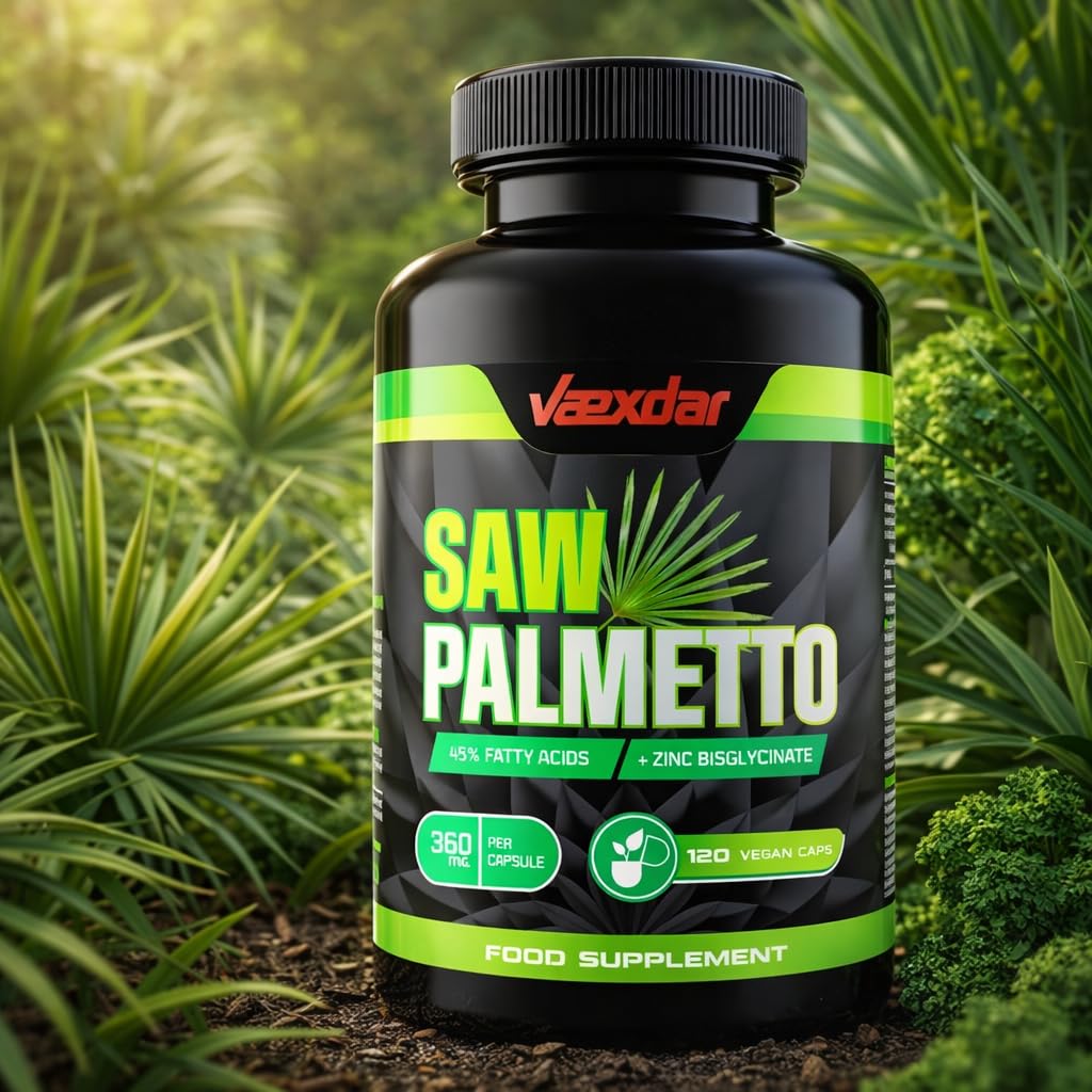 Vaexdar Saw Palmetto | Zinc Bisglicinato | Alta Potencia 360 mg Serenoa Repens | Saw Palmetto Prostata | 45% Ácidos Grasos | 120 Cápsulas Vegetales | Apoyo a la Salud Masculina | 4 Meses de Duración