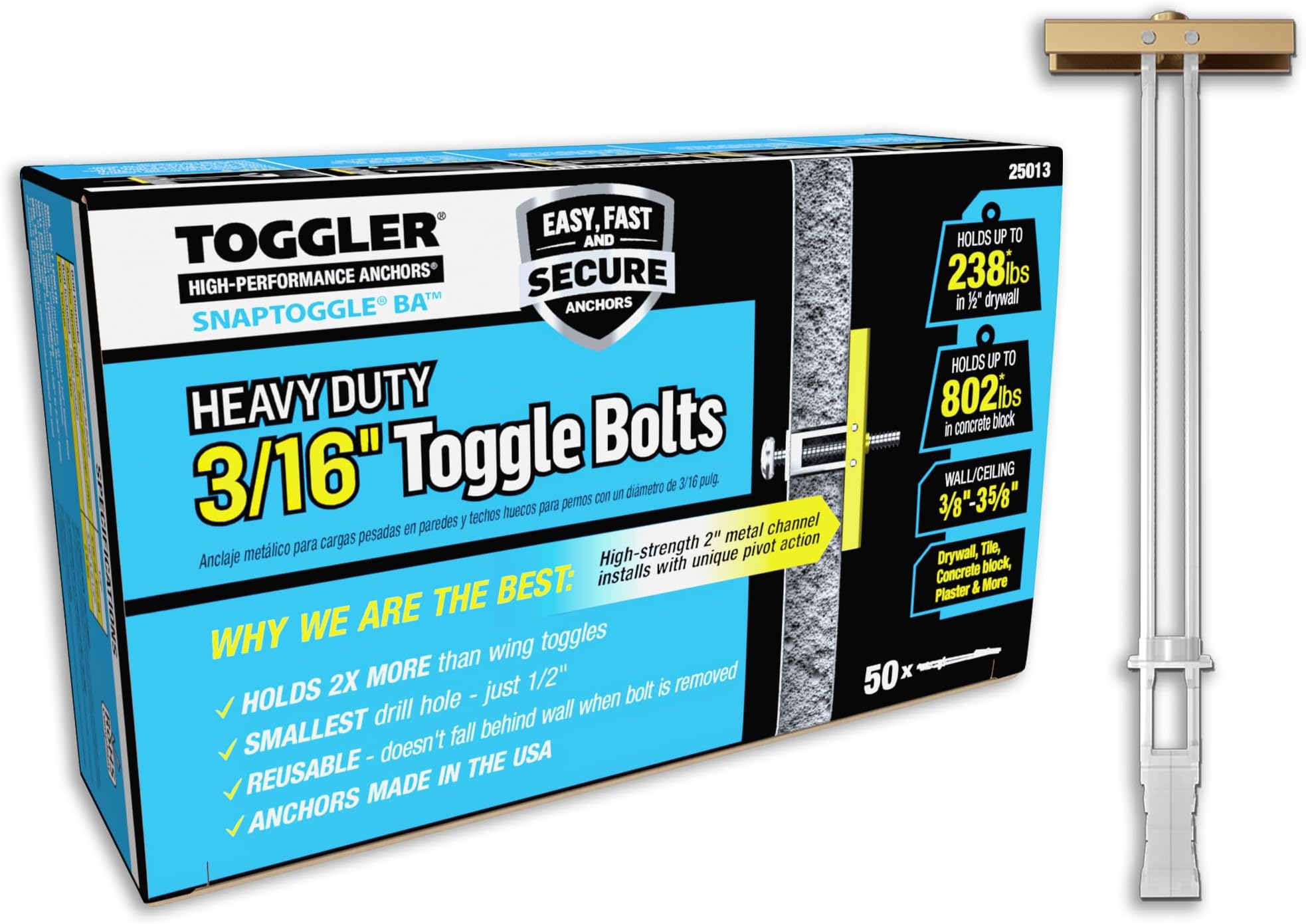 SNAPTOGGLE Heavy-Duty Drywall Toggle Bolt – 3/16"-24 UNC Zinc-Plated Anchor for Hollow Walls, Plaster & Tile – Holds 238 lbs in 1/2" Drywall, Easy Install – 50 Pack (W/O Bolts)