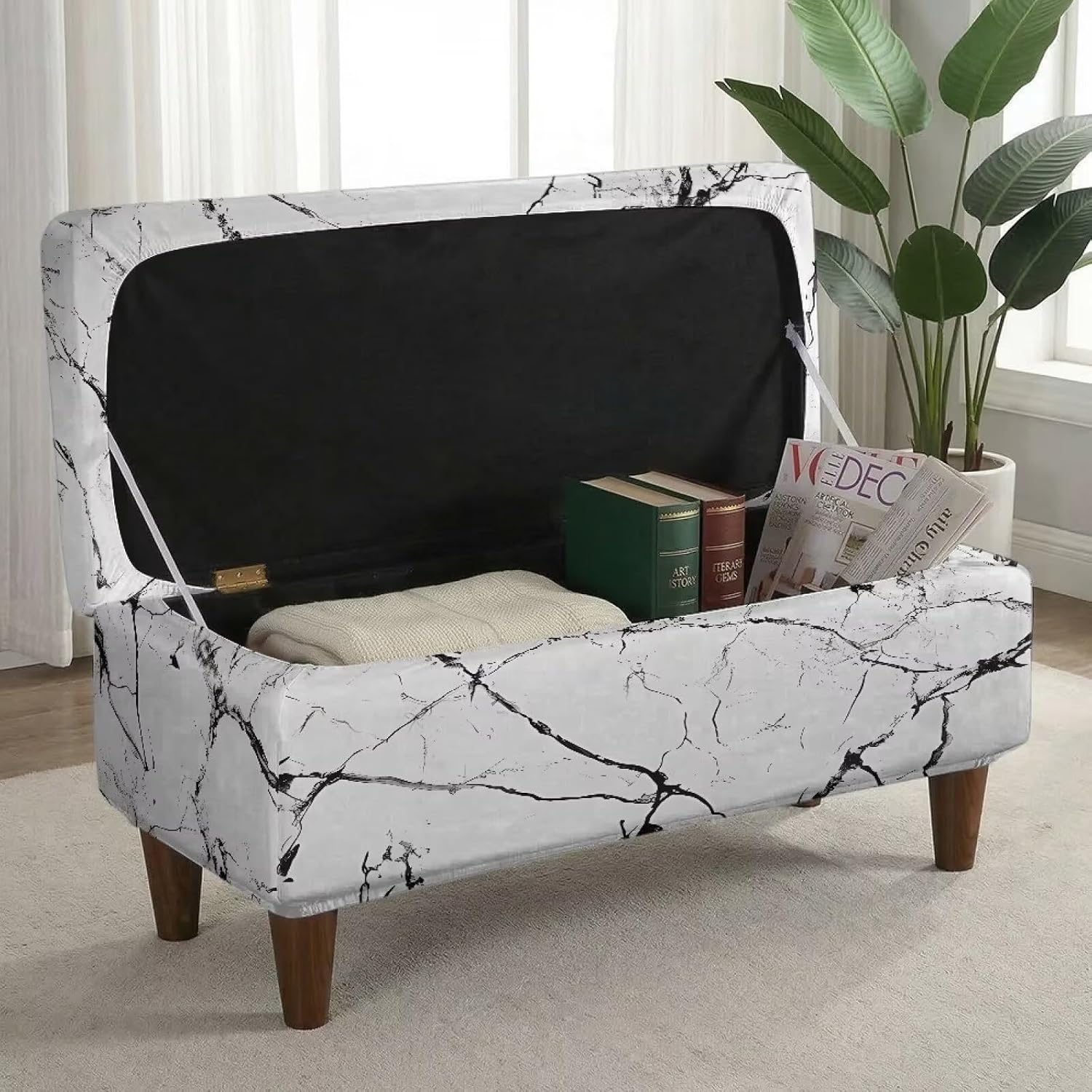 Stretch Ottoman Slipcover Storage Ottoman Cover Footrest Stool Slipcover Non-Slip Removable Furniture Protector Bench Cover for Living Room Decor, L, White Marble Black Crack Pattern