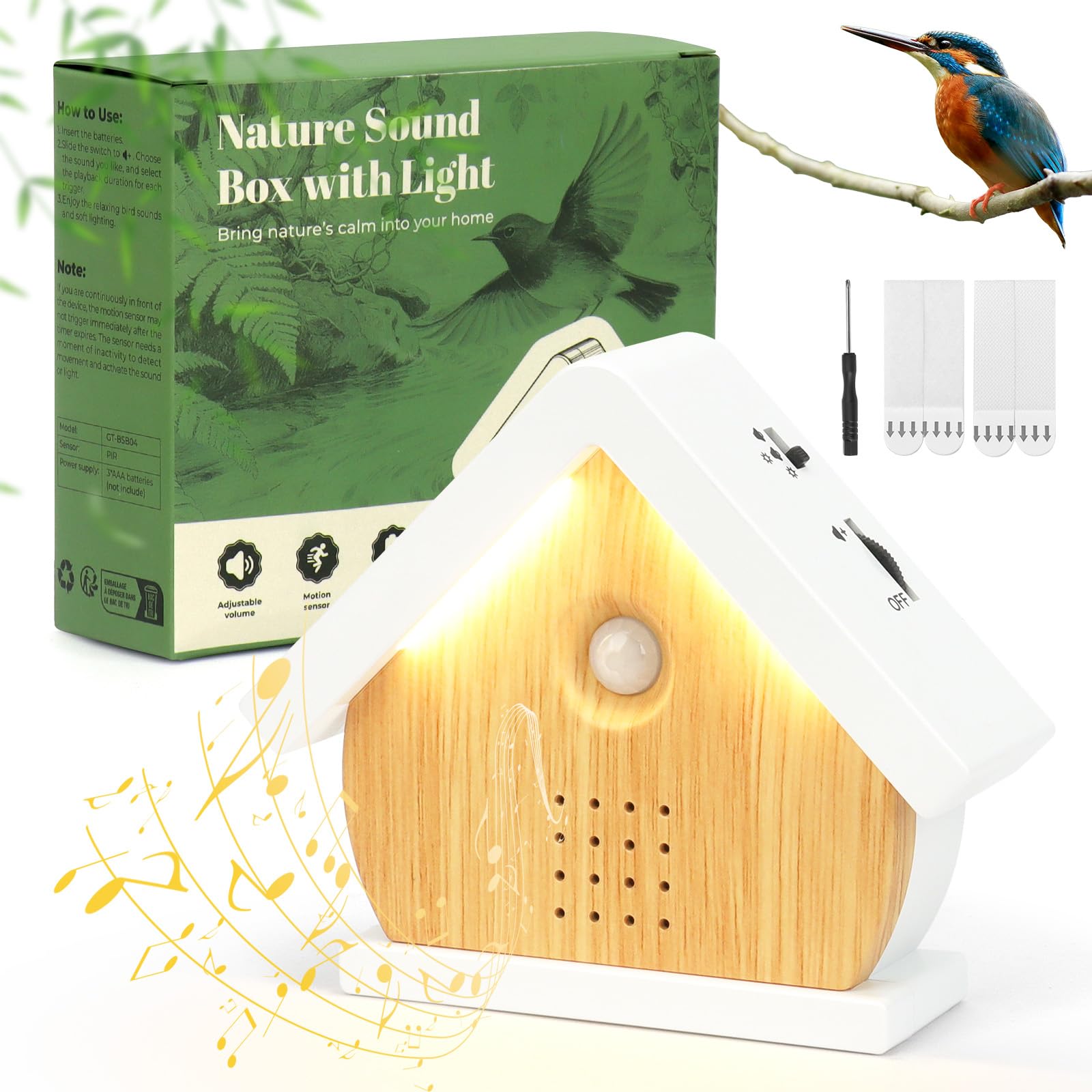 Zwitscherbox Vogelgezwitscher,Vogelgezwitscher Box,Vogelgezwitscher Bewegungsmelder Box,Naturgeräusche Box mit Leuchten/Timer/12 Lieder,Weiß Rauschen Vogelzwitschern für Toilette, Spa und Relaxung