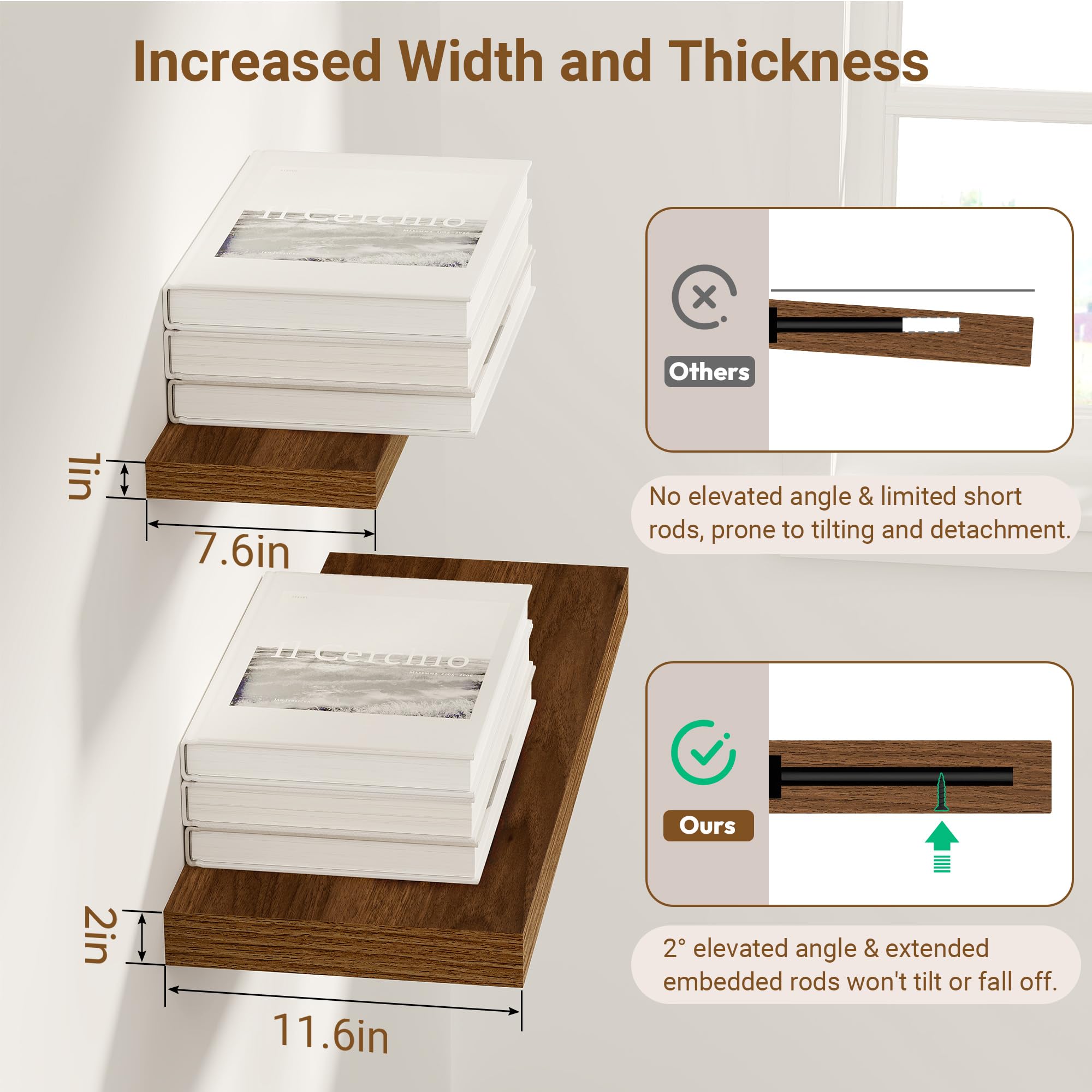Feihorrm Estantes flotantes para pared de 60 x 29,5 cm de ancho, estantes flotantes de madera de nogal para baño, cocina, sala de estar, dormitorio, almacenamiento y organizador, juego de 2
