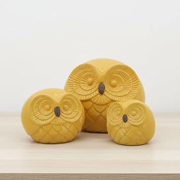 Ceramic Owl Sculptural Objects - Home Accent for Bathroom, Office, Room and Living Room - Shelf and Coffee Table Decor Display - Figurine and Ornaments Accent - Set of 3, 6", 4", 4", Yellow