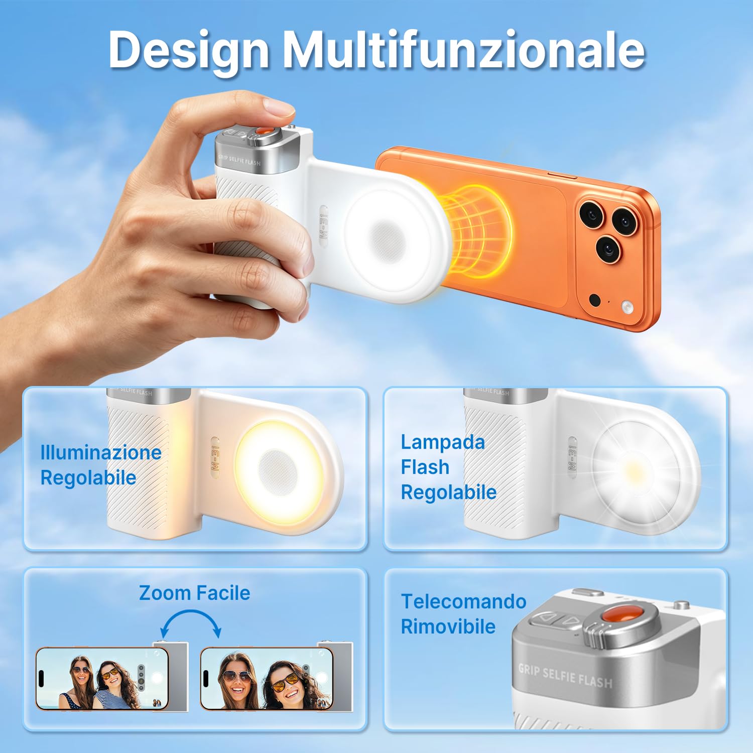 yAyusi Impugnatura per Selfies con Flash,Supporto Magnetico per Fotocamera del Telefono con Telecomando Rimovibile,luce LED Regolabile per Selfie,ideale per Selfie/TikTok/Creatori di Contenuti