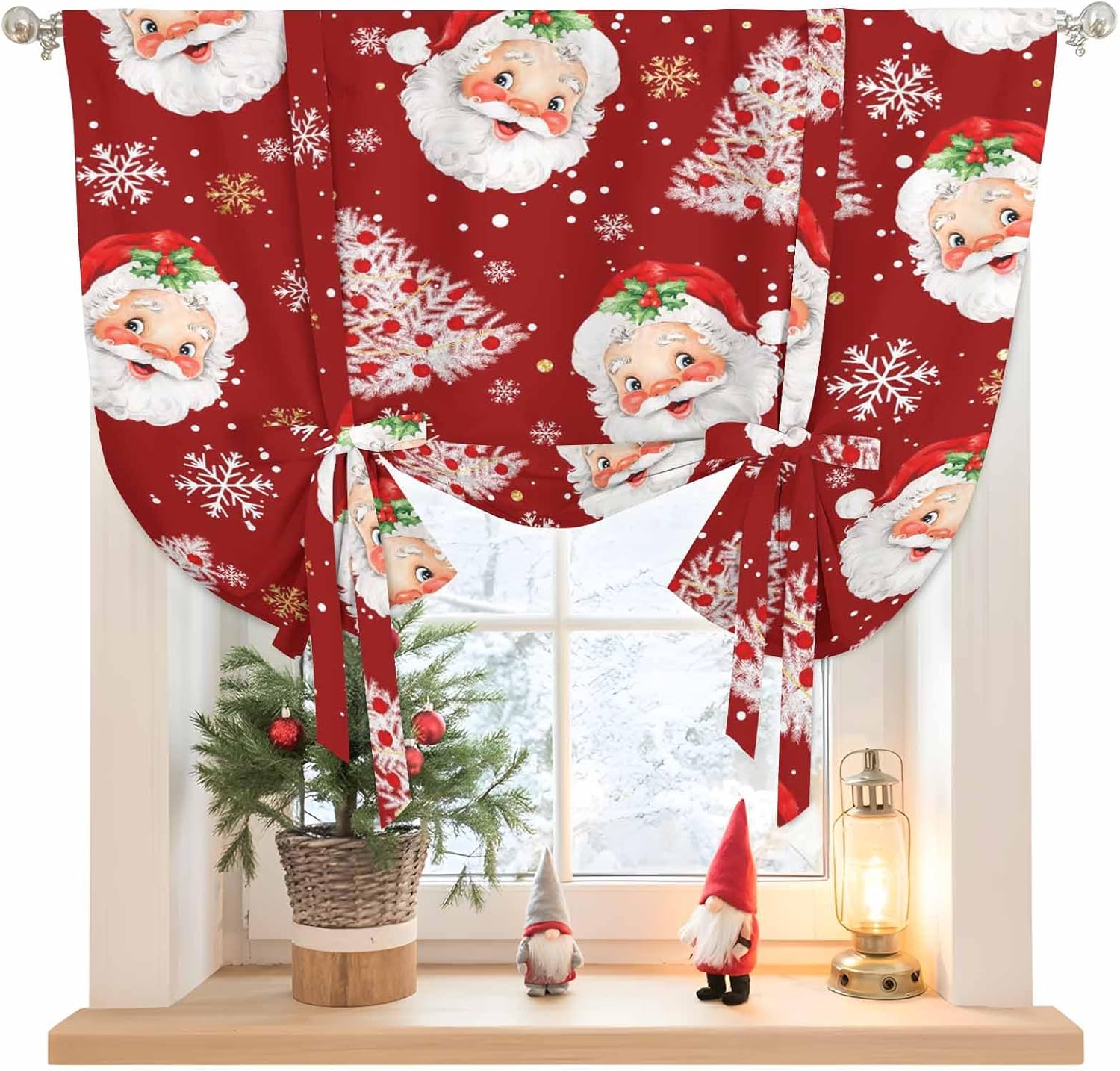 Christmas Tree Tie Up Valance 42x45IN,Funny Santa Claus Balloon Shade Curtains for Kitchen Window,Red Rod Pocket Tie-up Curtain Xmas Snowflakes Adjustable Window Treatment for Bathroom 1 Panel