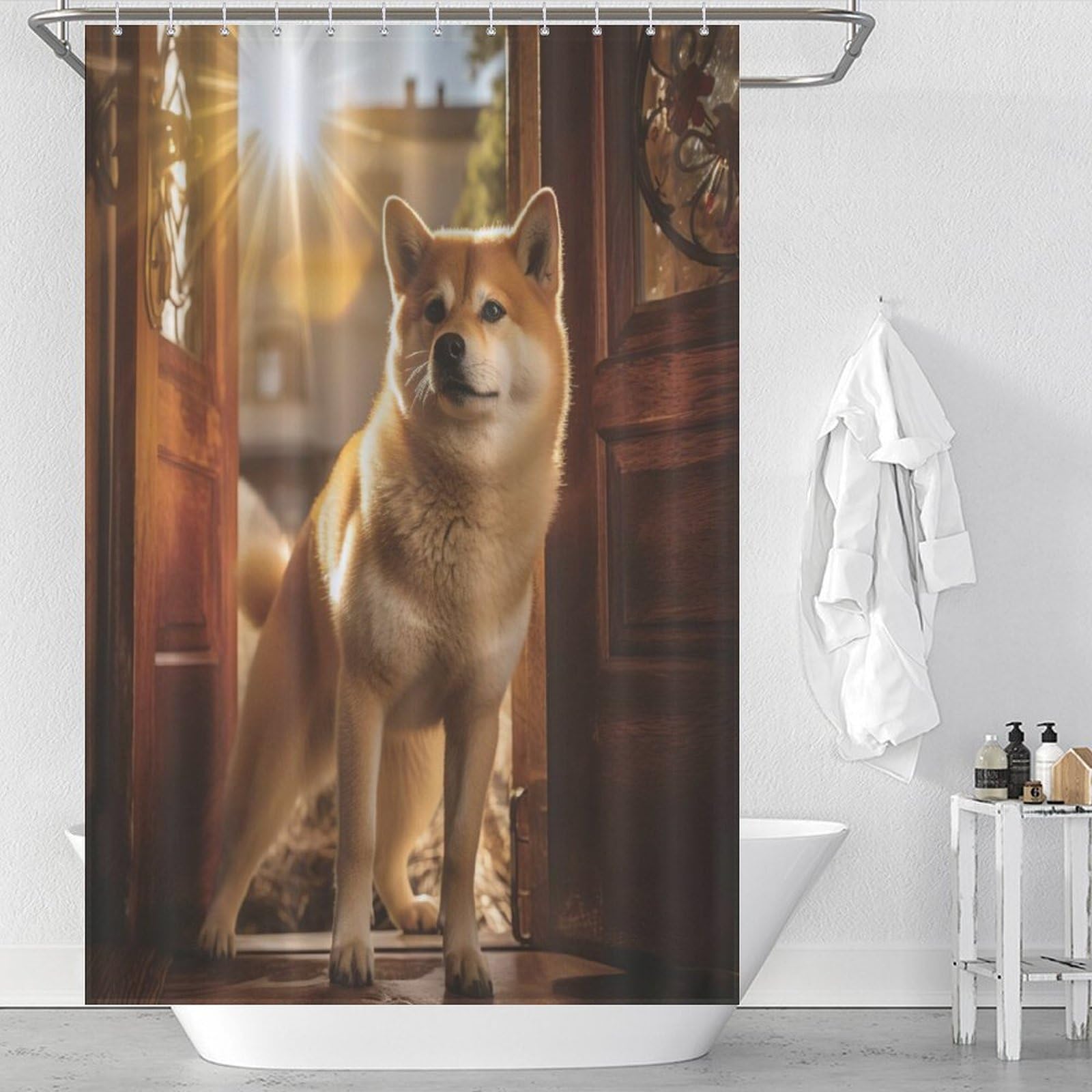 Rideau de douche chien imperméable en polyester lavable pour salle de bains 122x183cm