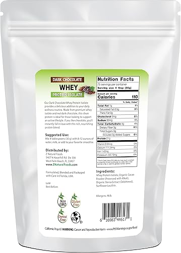 Miniatura 2 de Z Natural Foods Aislado de proteína de suero de chocolate oscuro, proteína en polvo natural con cero azúcar, enriquecido con proteínas vitales para