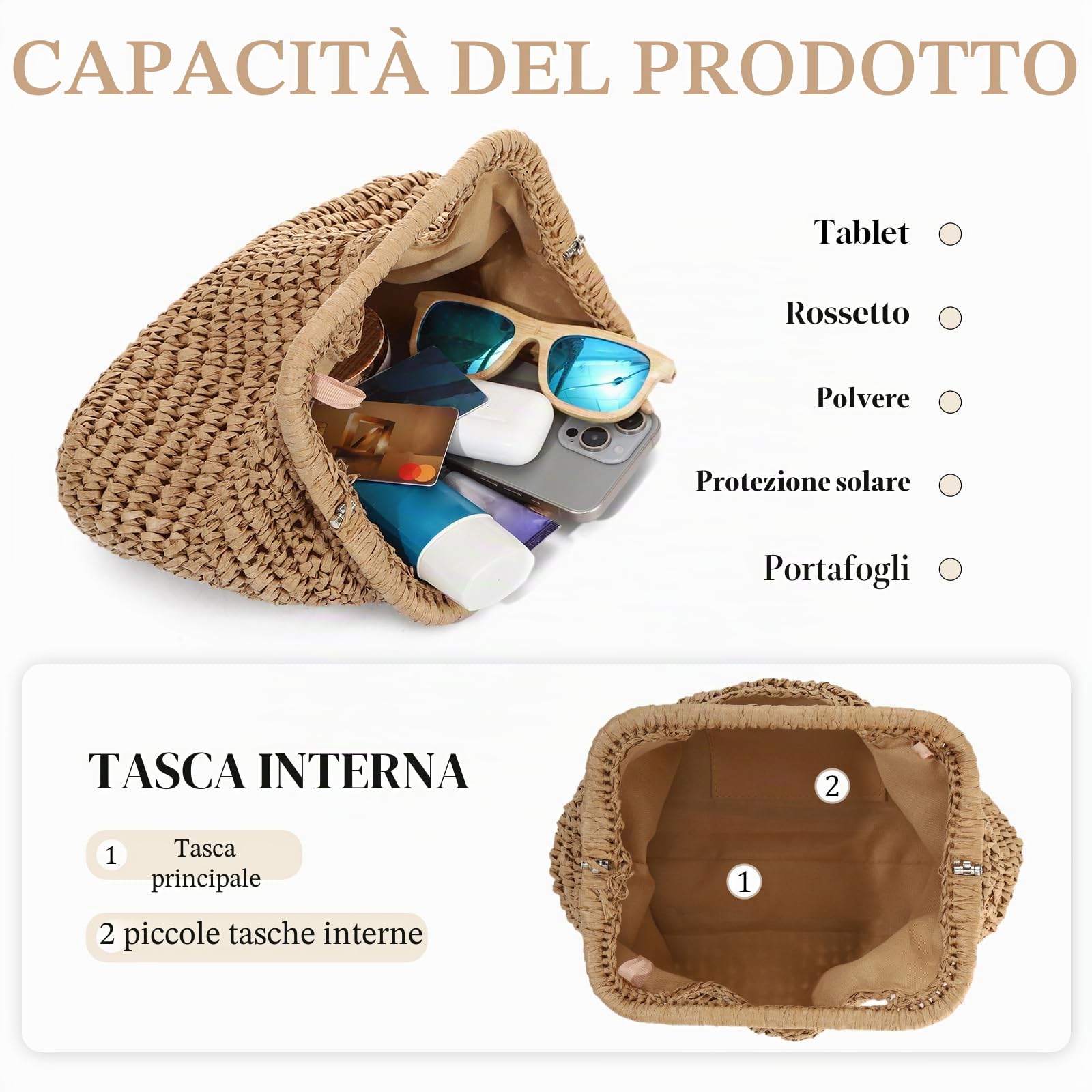 EVEOUT Pochette in Paglia con Catena Donna Boho Clutch da Sera Matrimonio Festa in rafia Sintetica Borsa Intrecciata per Spiaggia Quotidiano Estivo