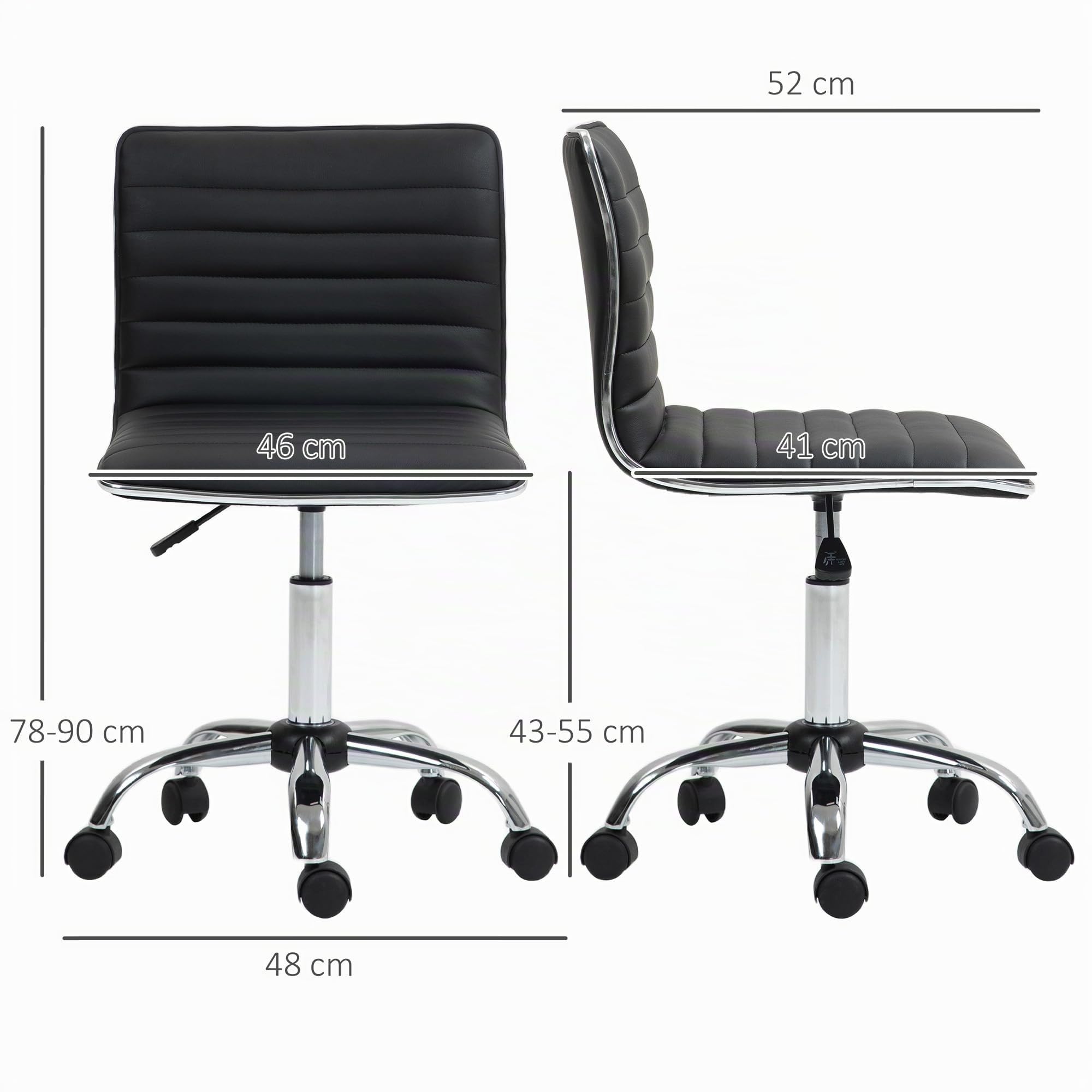 HOMCOM Homeoffice Stuhl Schreibtischstuhl aus Kunstleder Höhenverstellbar Drehstuhl bis 120 kg belastbar, Schminkstuhl für Arbeitszimmer, Schlafzimmer Schwarz