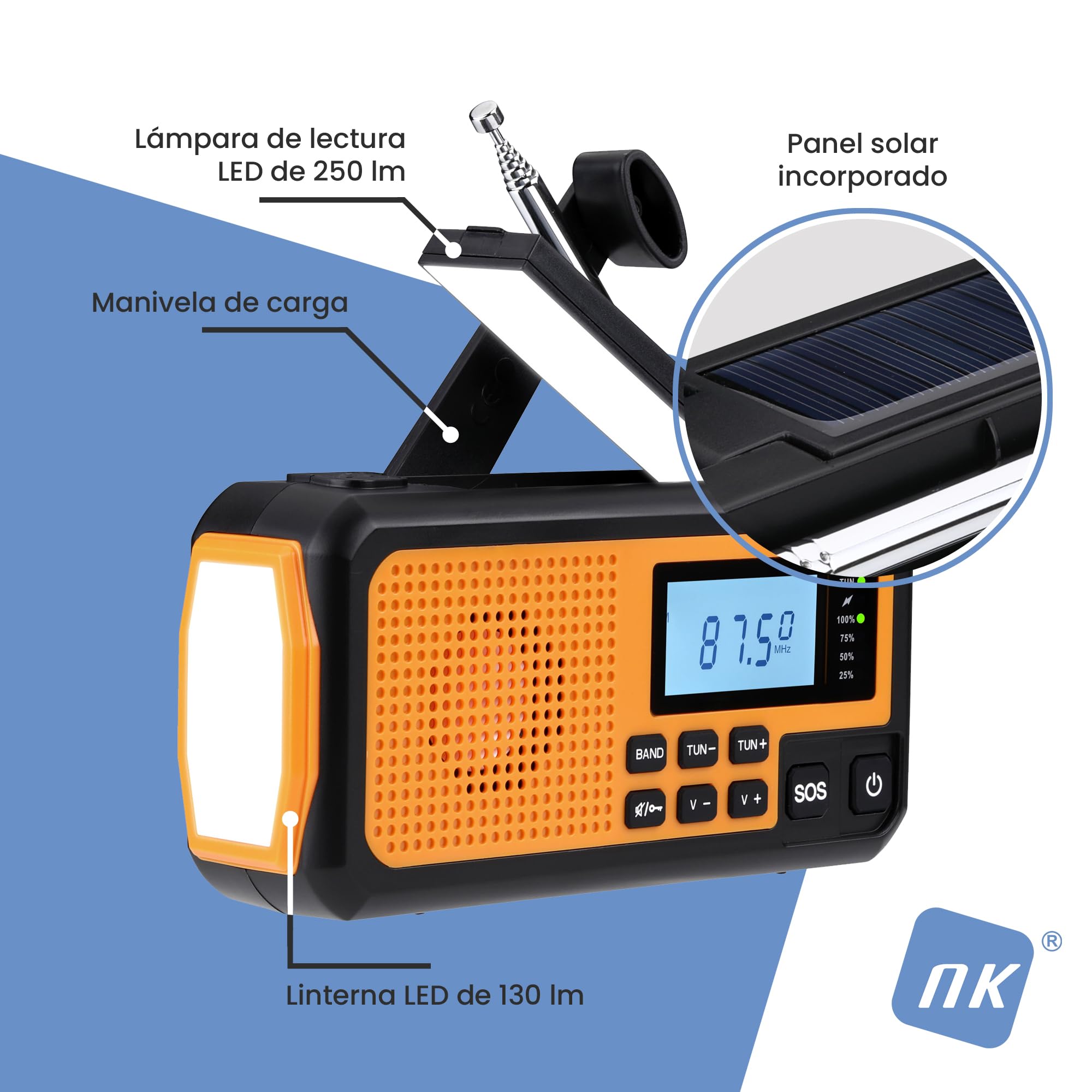 NK Radio Awaryjne Solarne – Power Bank 4000mAh, FM/AM/SW, Latarka LED, Wyświetlacz LCD, Alarm SOS, Korba Ręczna & Ładowanie USB/AAA – Idealne na Camping i Wędrówki
