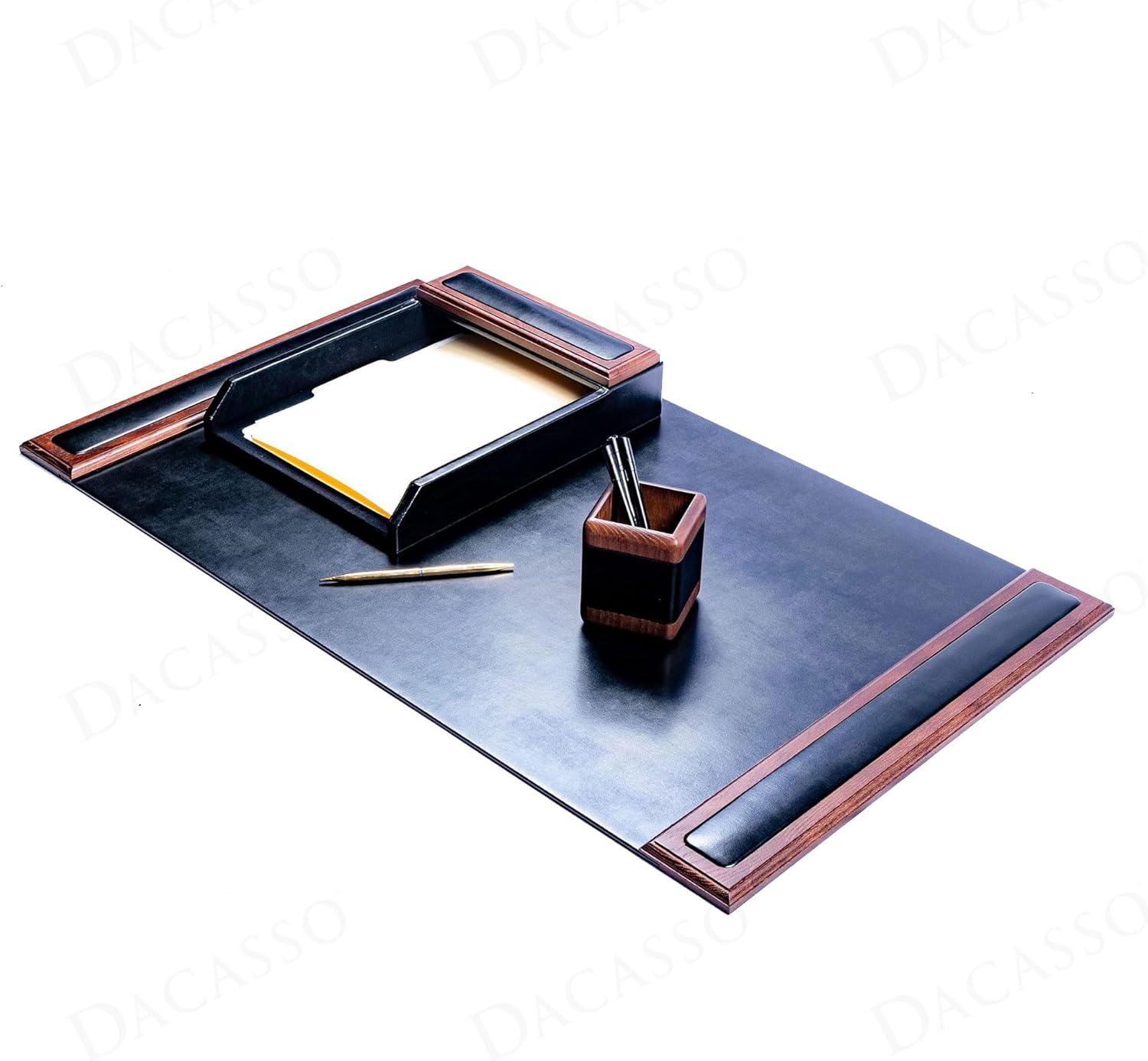 Dacasso Walnut & Black Leather Luxury 3 Piece Set - Blotter Pad & Desk Mat Organization Essentials - Executive Decor and Desk Surface Protector