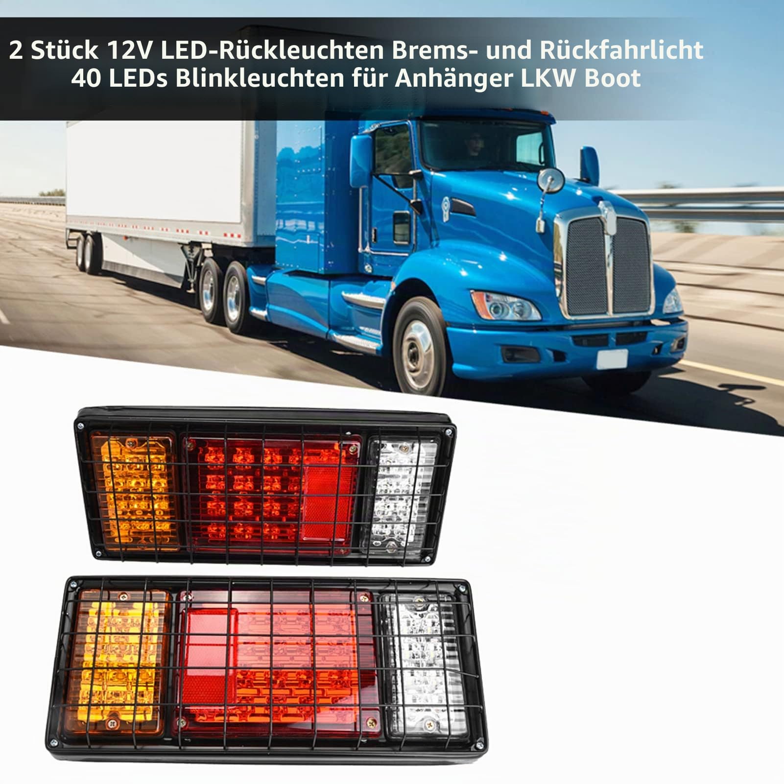 2 Stück LED LKW-Anhänger-Rückleuchten-Bar Kit 40 LED Wasserdicht Blinker Bremslicht Laufen Rückfahrlicht mit Eisen-Netz-Schutz 5 Drähte 10-30 V für LKW, Boot, Anhänger