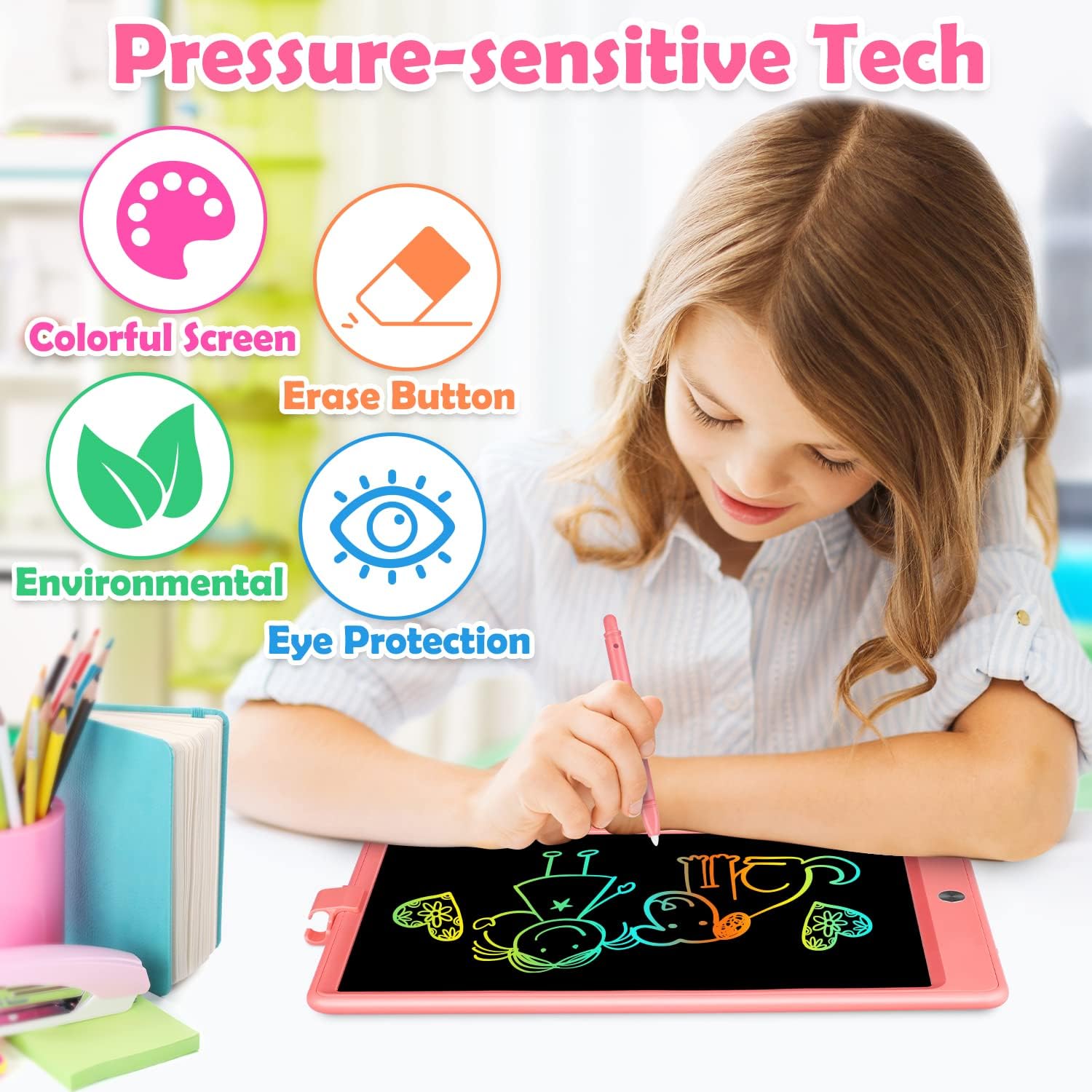 11 Inch LCD Writing Tablet Toys for 3 4 5 6 7 8 Year Old Boys Girls Gifts, Colorful Drawing Board Writing Doodle Pad, Portable Scribbler Boards Educational Toys Gifts for Kids Learning (Pink)