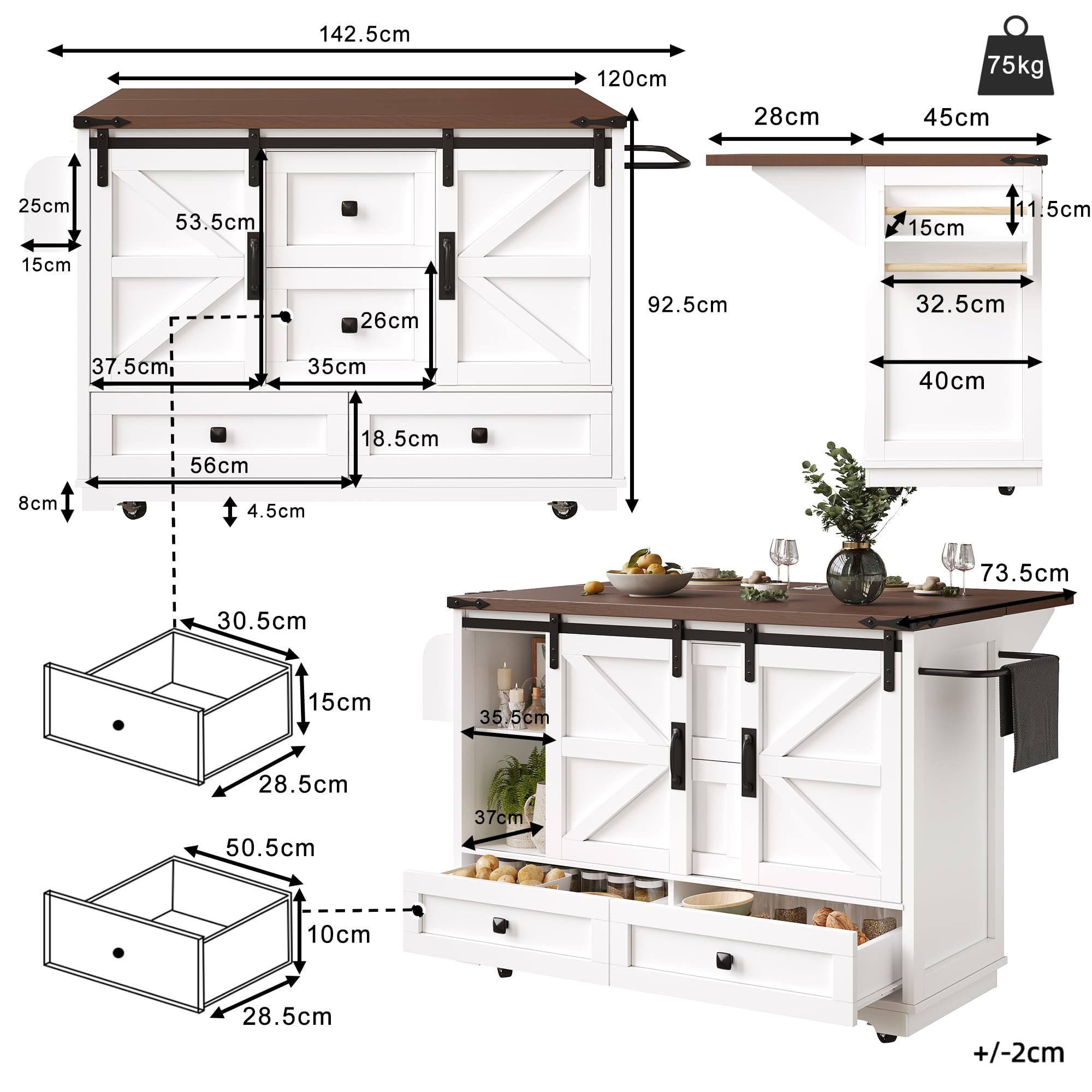 Carrito de cocina multifuncional con mesa plegable, isla de cocina móvil, bar, aparador con espacio de almacenamiento, carrito de servir con tres cajones y dos puertas de armario
