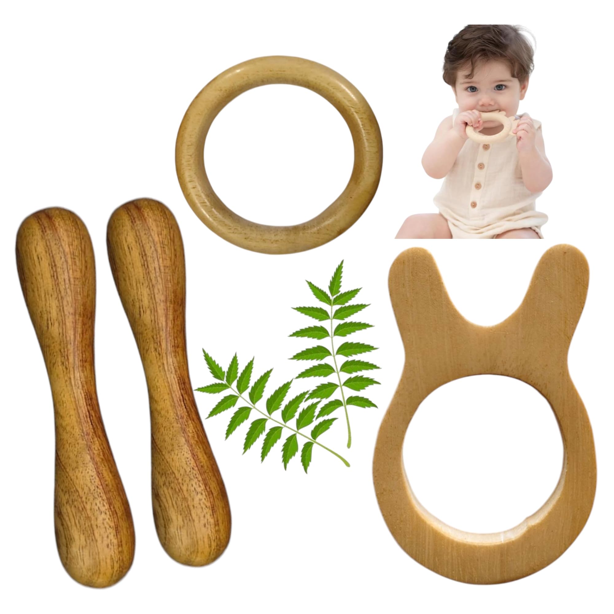 Natural Wooden Baby Teething Set, 4 Pieces with Ring and Dumble and Mickey Shape Teether-image-40