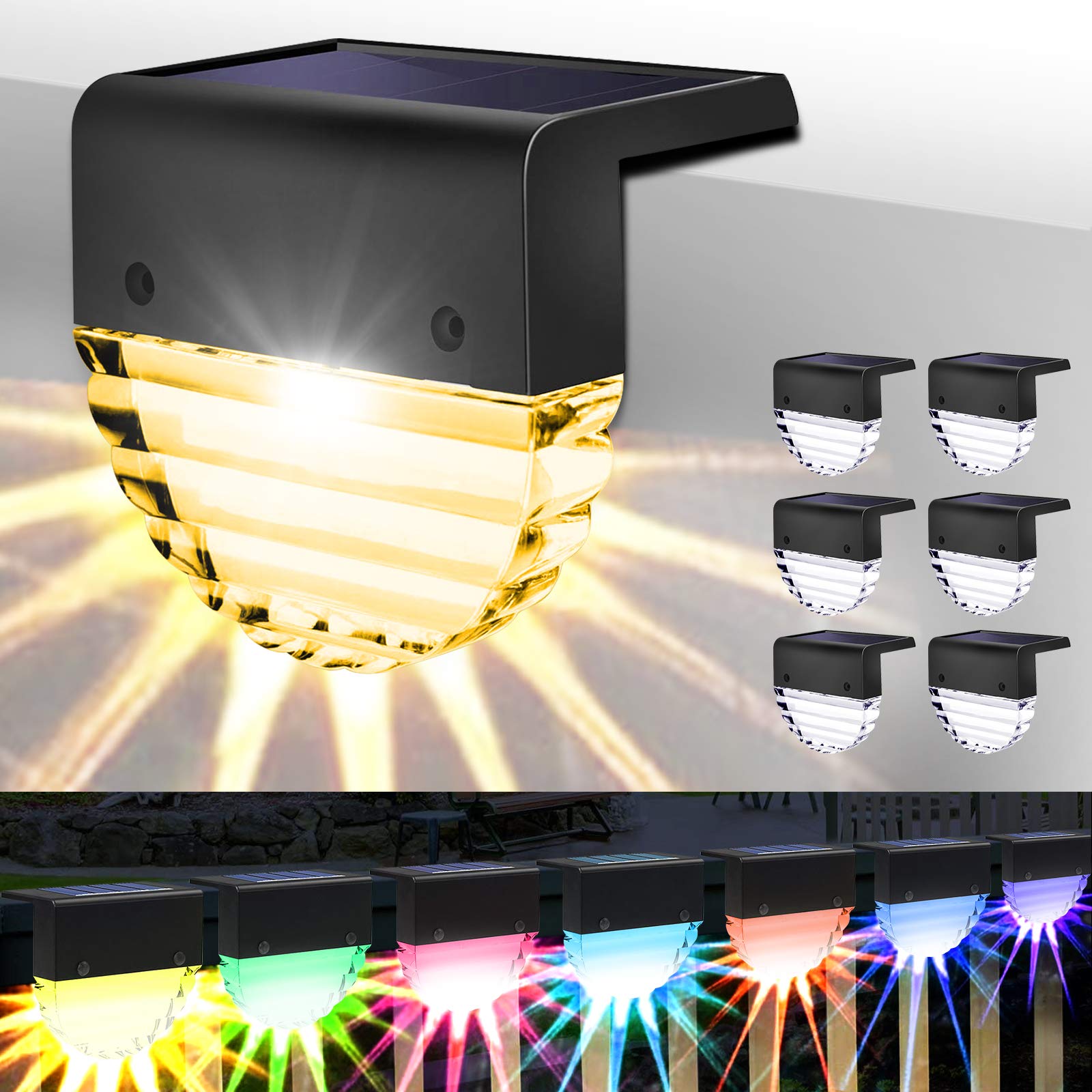 SUNJOYCO6pcs Solar Deck Lights, Waterproof Color Changing Step Light, Solar Fence Light Porch Light for Outdoor, LED Landscape Light for Yard Garden Patio Stairs