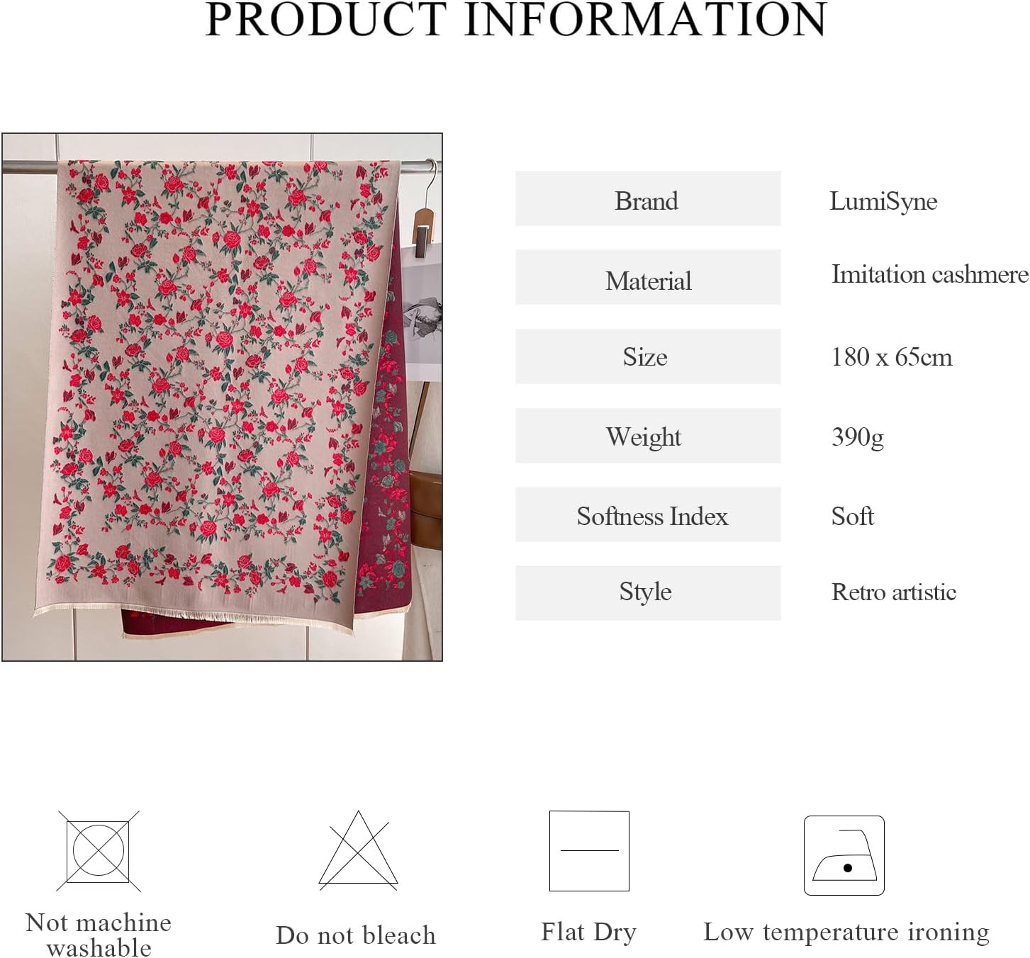 Winter Scarf Cashmere Shawl Romantic Rose Pattern Two-Color Reversible Scarf With Tassel Large Pashmina Warm Stole - Image 7