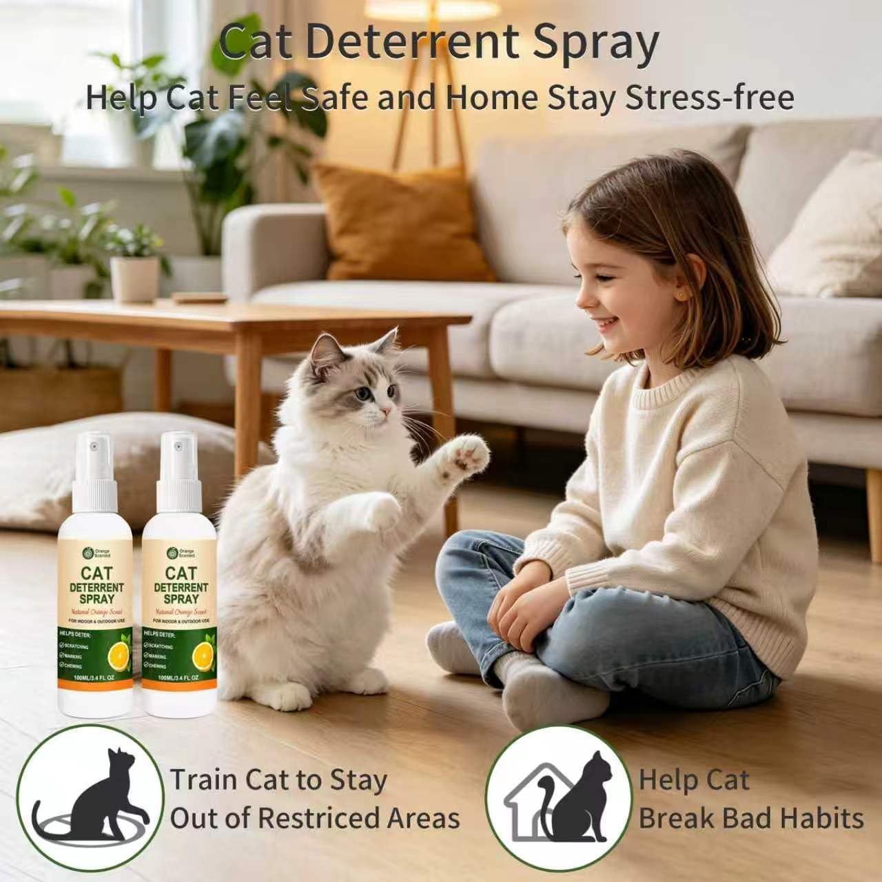 Cat Deterrent Spray for Furniture, Natural Cat Training Spray for Cats to Stop Scratching, Urine Marking & Chewing, Pet Safe for Indoor & Outdoor Use, Orange Scent, 2 Pack (3.4 Fl Oz Each)