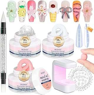 MIZHSE Solid Builder Gel Nail Kit with Nail Lamp, 3 Colors Builder Gel Clear Milky White Nude Hard Sculpting 3D Art U V LED Gels with Dual Form