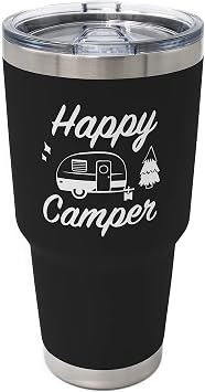 Happy Camper Stainless Steel Tumbler with Vacuum Insulated Double Wall, Splash Proof Sliding Lid Great for Hot or Cold Drinks, Outdoor Camping Travel Cup RV Gifts