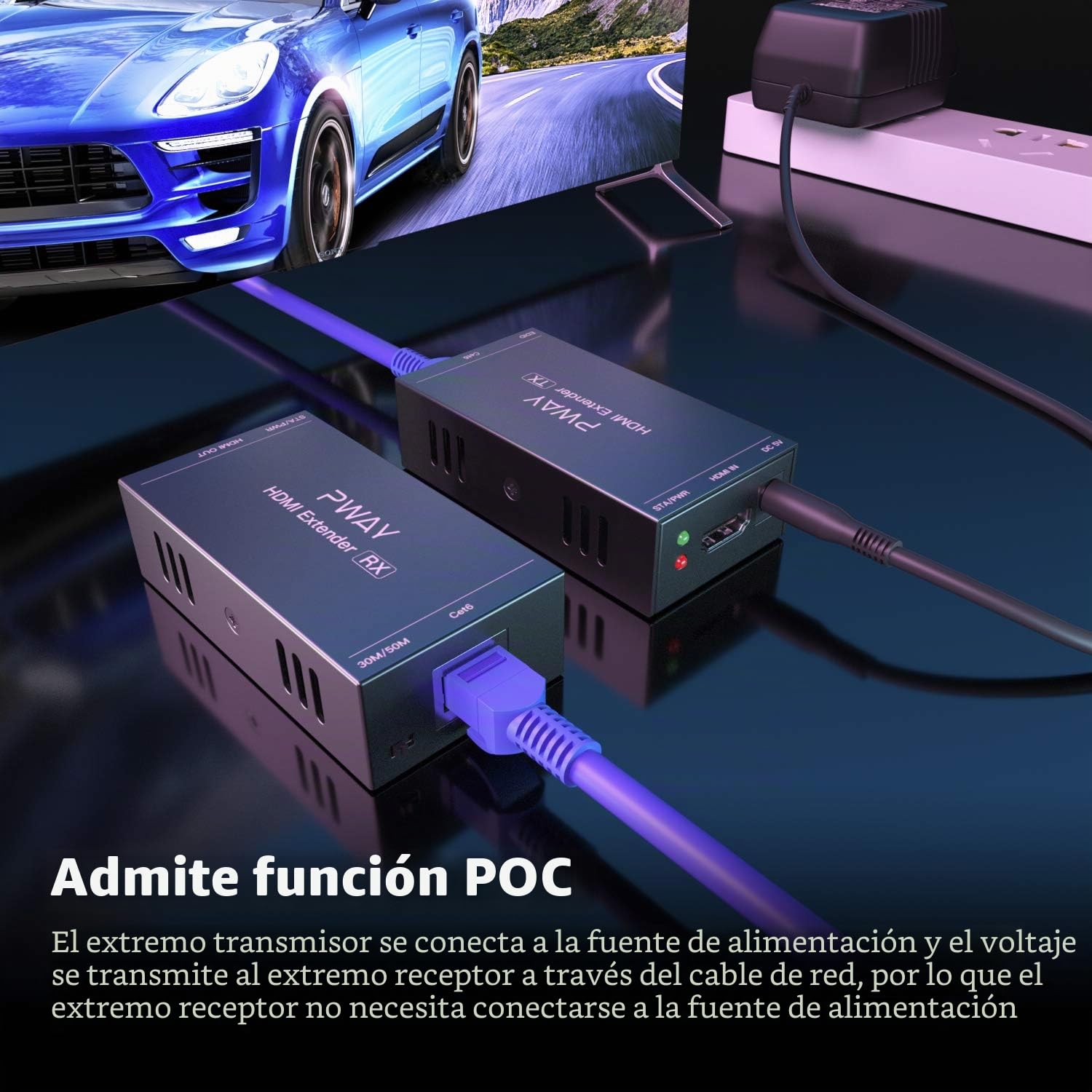 PWAY PW-HT202P(POC) HDMI Extender Extensor 165ft/50m Sin Comprimir Solo Cat6 Transmision sobre Soporte De Full HD 1080P 3D EDID uno Power Supply (UTP+RJ45+Transmisor+Receptor)