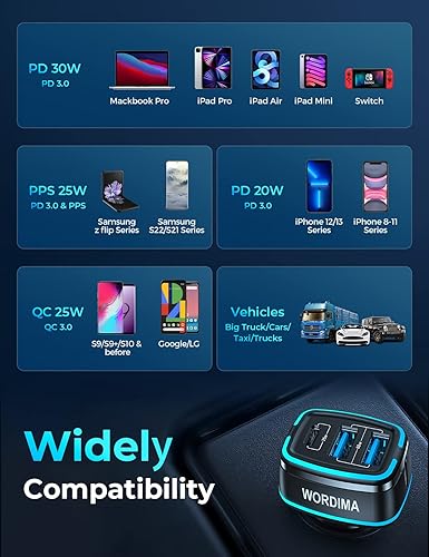 Miniatura 4 de Cargador de coche USB C, cargador rápido WORDIMA de 85 W, 3 puertos, adaptador para encendedor de cigarrillos, compatible con iPhone 15, 14, 13, 12