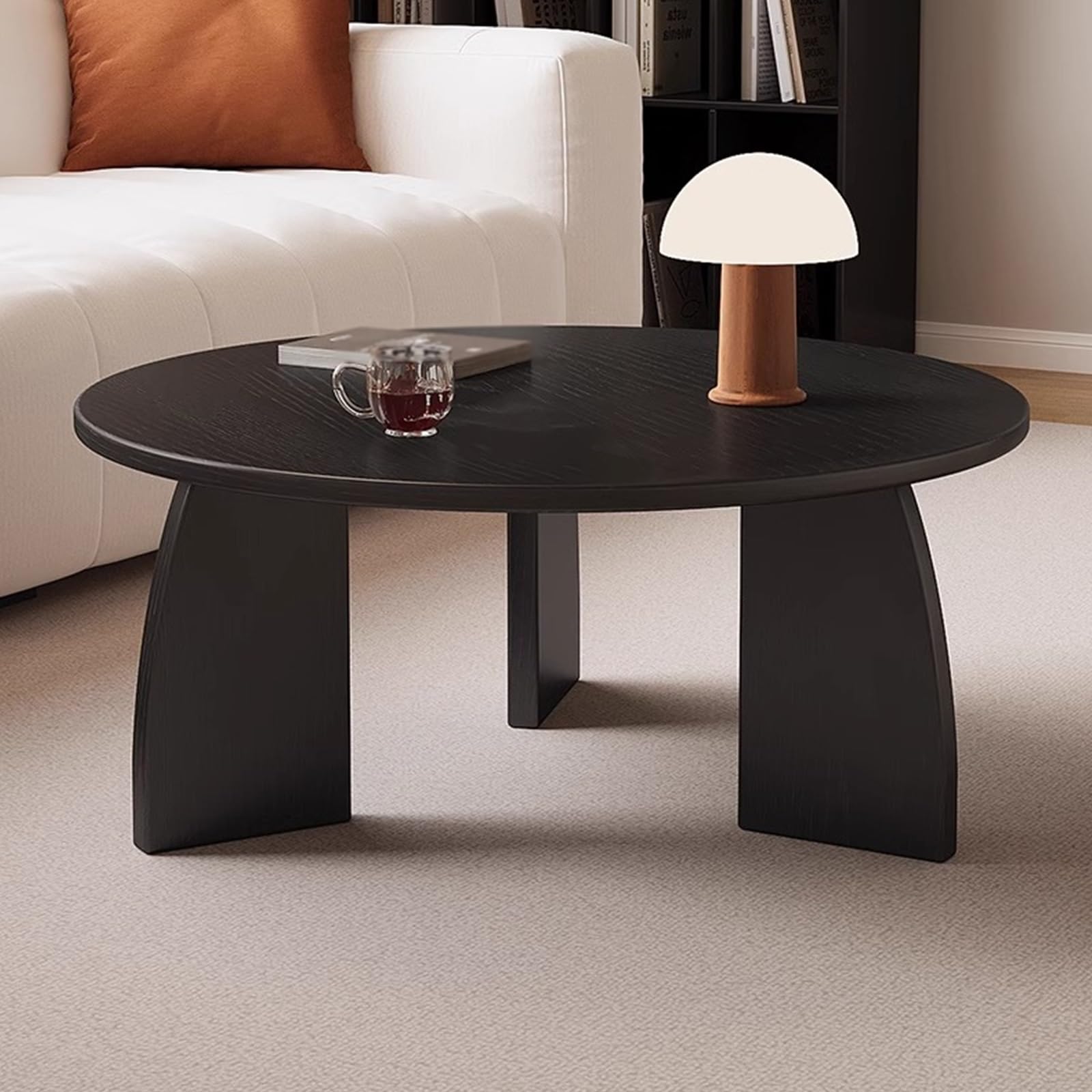 Stół do Salonu Retro Okrągły Lite Drewno Pogrubiony Stolik Kawowy Szeroki Blat Stylowe Nogi z Litego Drewna Solidny i Wytrzymały Stolik Pomocniczy do Salonu, Biura(Black,70 * 42cm)