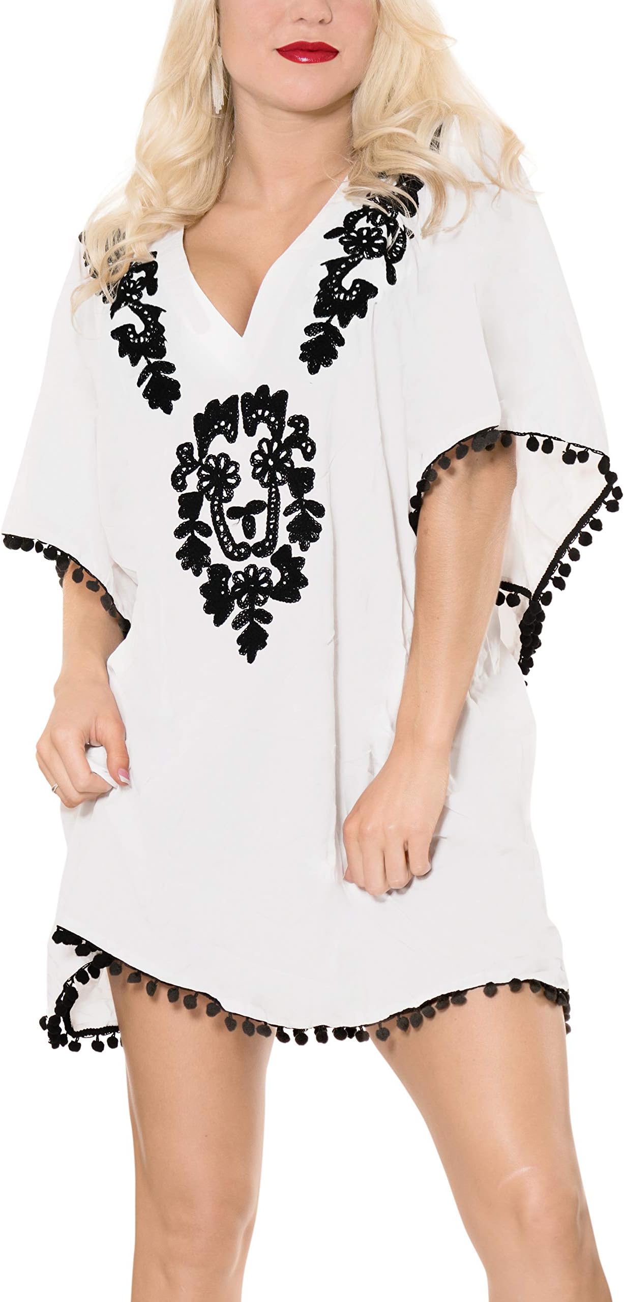 LA LEELA Women's Summer Holiday Solid Plain Bikini Cover Up Sun Swimwear Beachwear Embroidered Dress Ghosts White_J192 [OSFM] UK: 18 (L) - 28 (3XL)