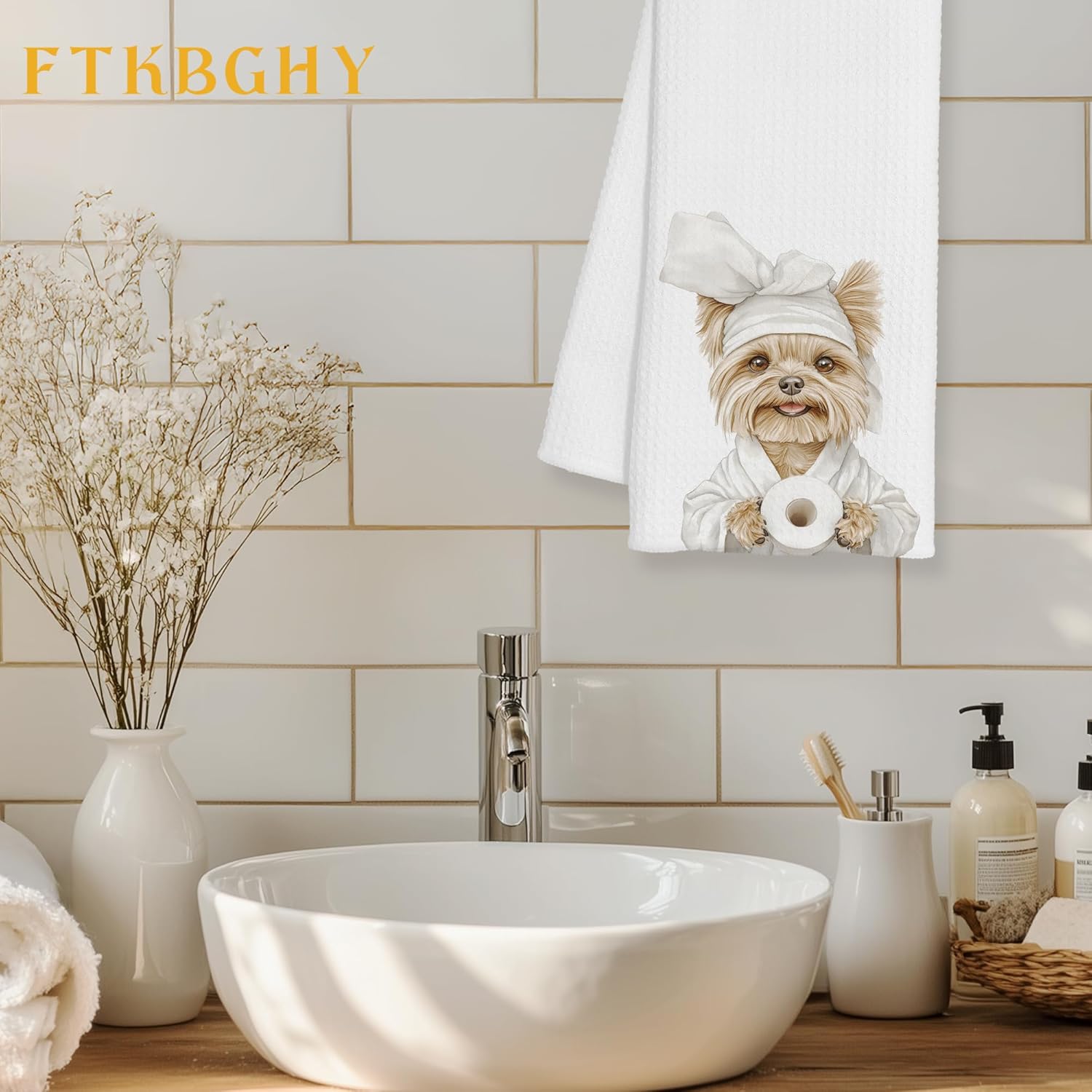 Funny Yorkshire Terrier Hand Towels for Bathroom Decor, Yorkie Gifts for Women, Gifts for Yorkie Lovers, Funny Dog Decorative Hand Towels for Bathroom Restroom Room, 16x24 Inch - Image 2