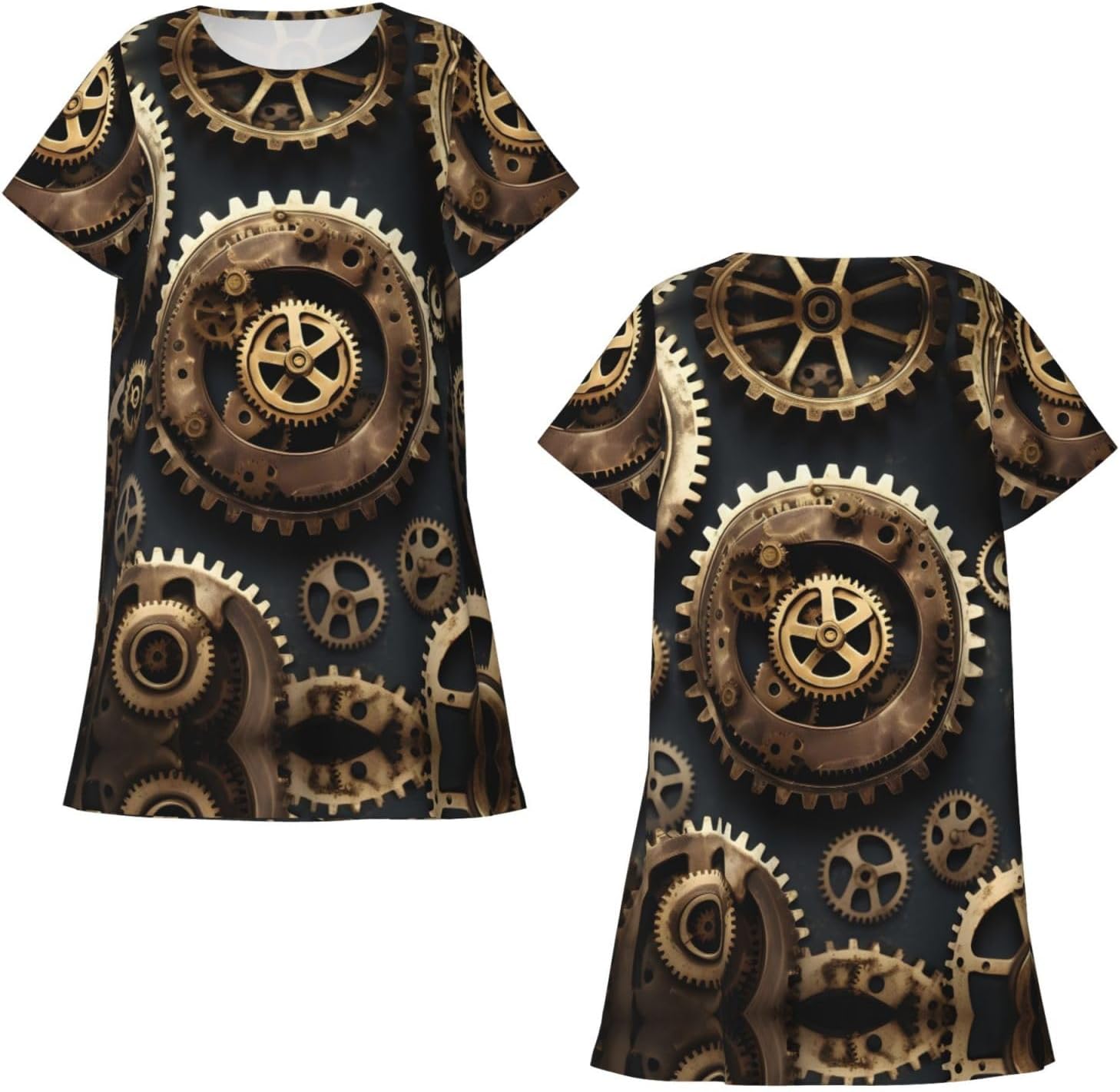 Casual Steampunk Gears Print Print Pajama Dress For Ladies,Women Short Sleeve Nightgown,Soft Comfortable Sleepwear