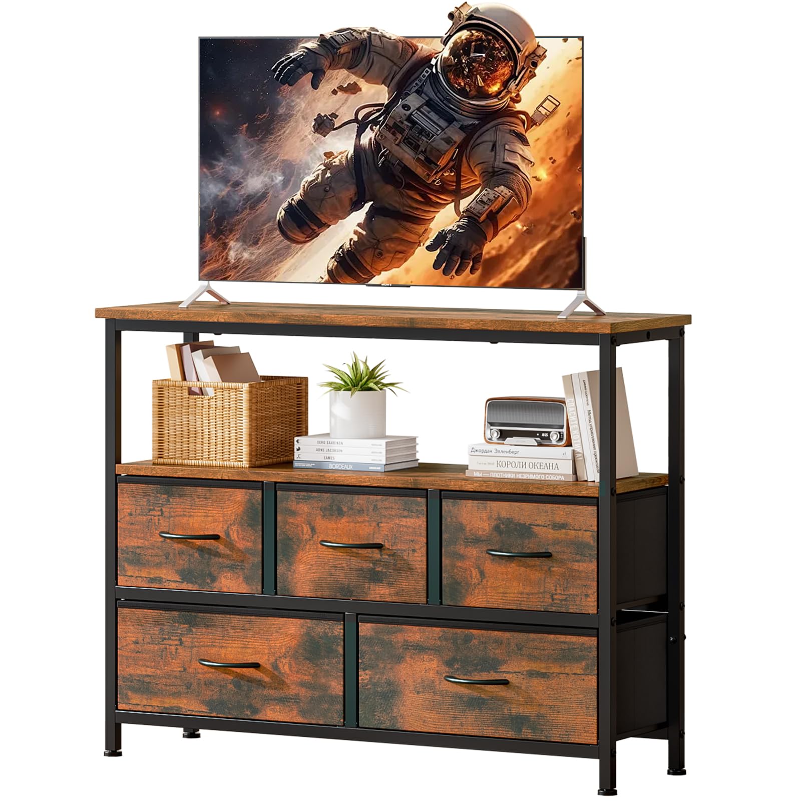 Mueble TV Alto con 5 Cajones, Soporte TV 45",Marrón | Mueble Televisión Compacto para Salón, Dormitorio o Espacios Pequeños con Estantes Abiertos y Almacenamiento