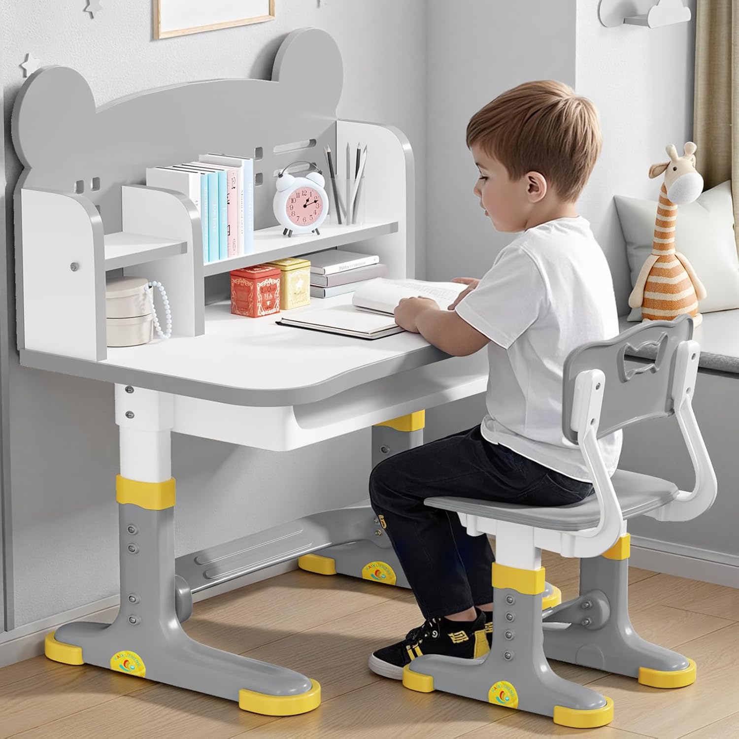 Kids Desk and Chair Set, Height Adjustable Child's School Study Writing Tables, Kids Desk with Bookstand and Storage Drawer, Widened Desktop with Desktop for Boys and Girls (Gray-F)