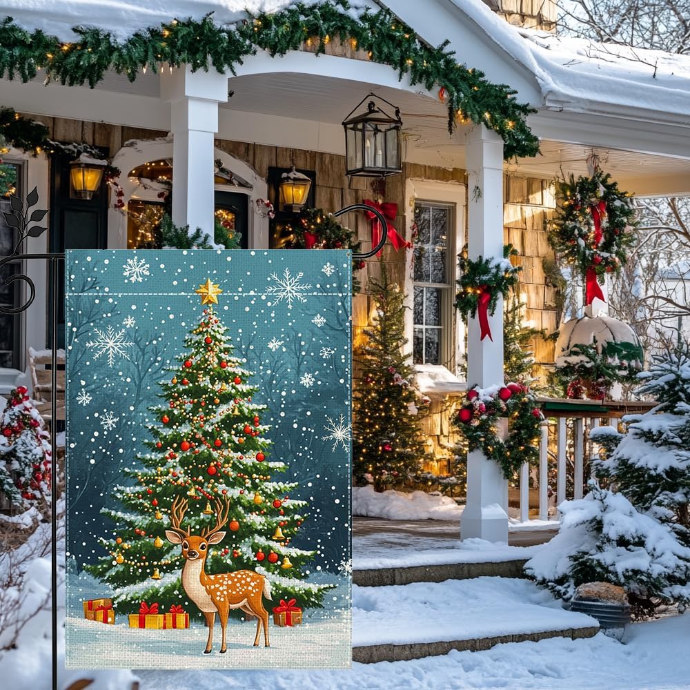 Winter Reindeer Snowflake Garden Flag for Outside Christmas Tree Welcome Yard Flag 12x18 Inch Double Sided Burlap Holiday Farmhouse Outdoor Flag Home Decoration - Image 6
