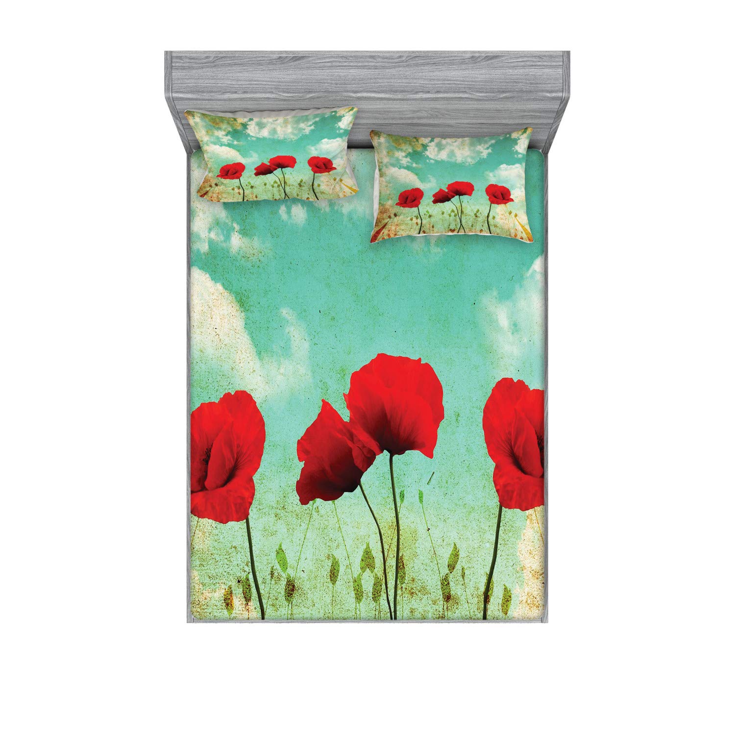 Ambesonne Poppies Fitted Sheet & Pillow Sham Set, Meadow Themed Composition with Blossoming Flowers Spring Season, Decorative Printed 3 Piece Bedding Decor Set, Calking, Vermilion Pale Blue