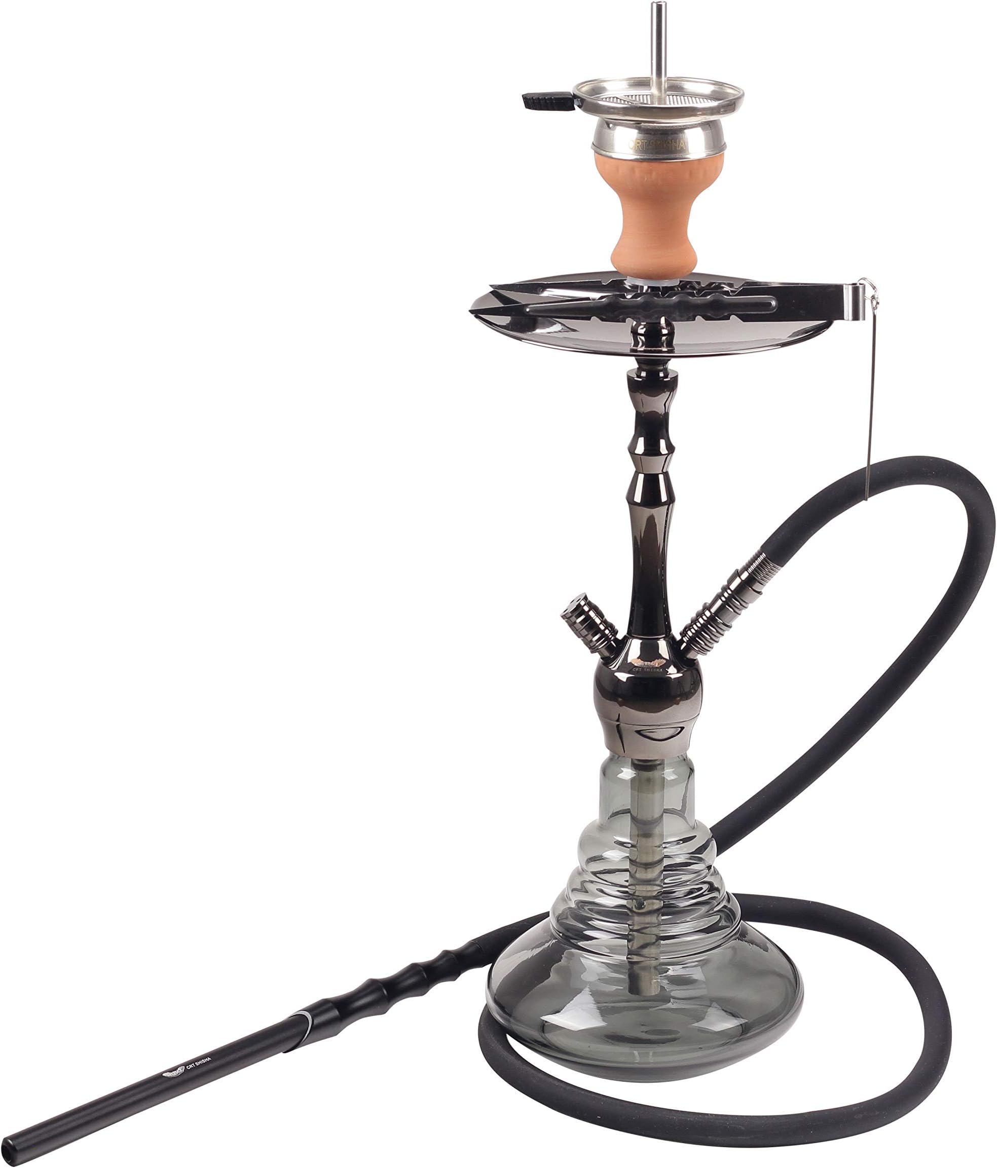 CRT | Shisha - MC-16 | Hookah with click closure | Hookah Set | 47 cm | with silicone hose, aluminum mouthpiece, chimney head + mantelpiece + coal tong |+ Rauch dein Obst sticker (Metallic Grey-Black)